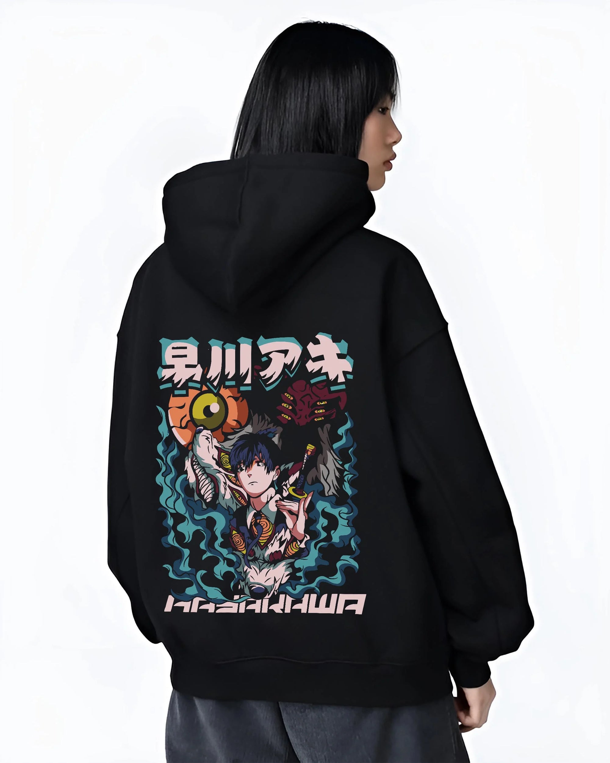 Black hoodie worn by female model, back view with Aki Hayakawa Hoodie Chainsaw Man Devil Hunter Katana graphic premium wear.
