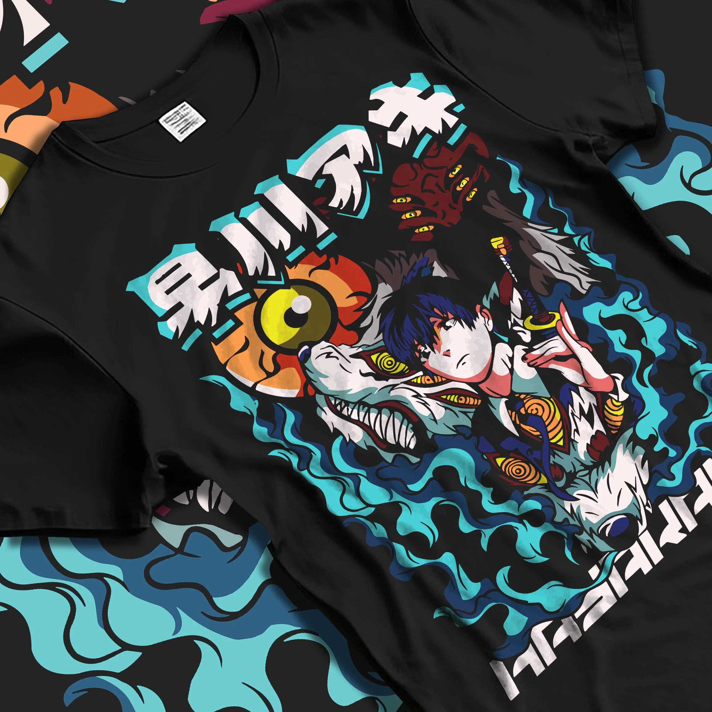 Black T-shirt laid flat with natural folds with Aki Hayakawa Hoodie Chainsaw Man Devil Hunter Katana graphic premium wear.
