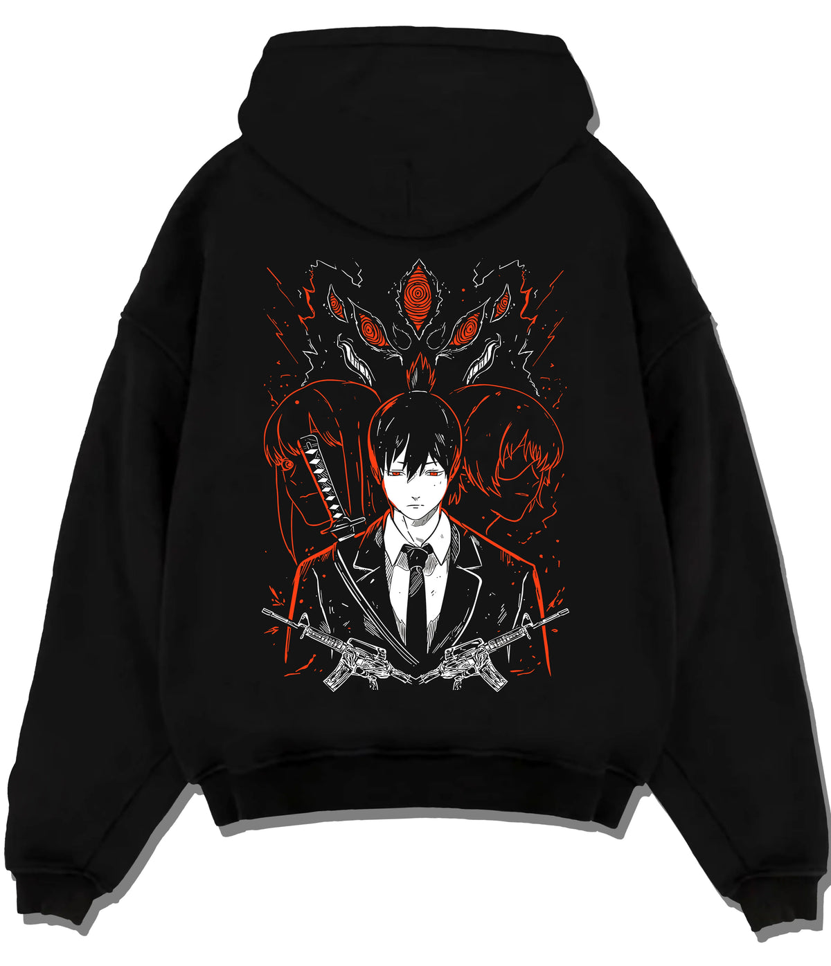 Black hoodie flat back view with Aki Hayakawa / Fox Devil from Chainsaw Man illustrated back graphic