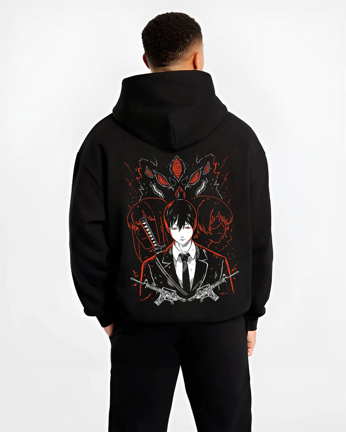 Black hoodie model back view with Aki Hayakawa / Fox Devil from Chainsaw Man illustrated back graphic
