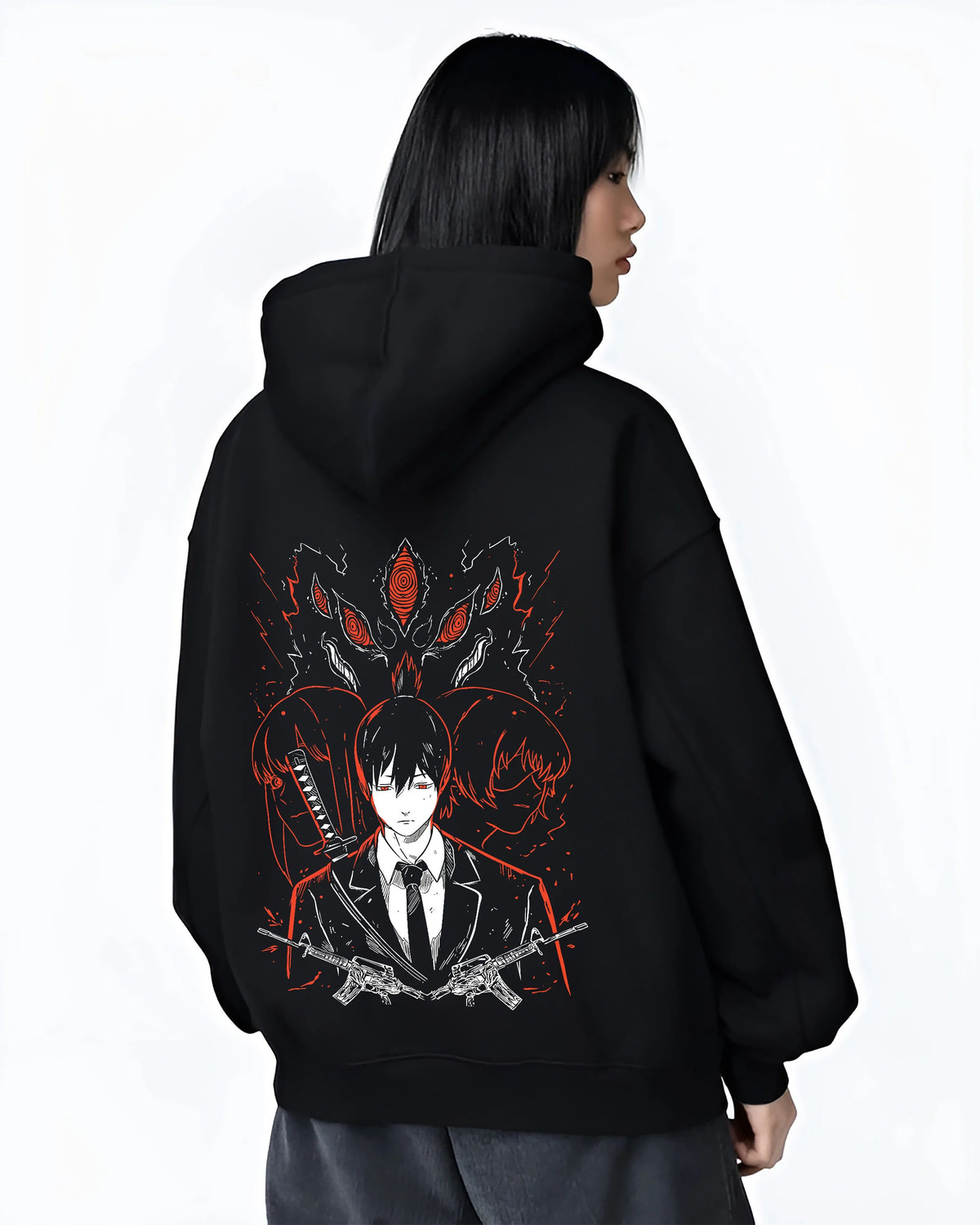 Black hoodie female model back view with Aki Hayakawa / Fox Devil from Chainsaw Man illustrated back graphic