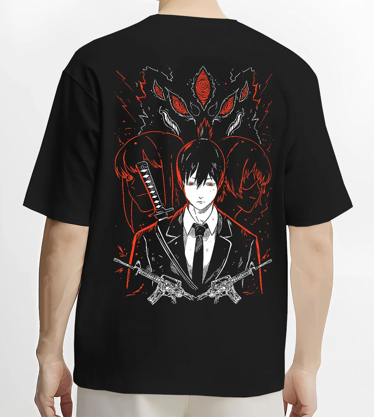 Black T-shirt model back view with Aki Hayakawa / Fox Devil from Chainsaw Man illustrated back graphic