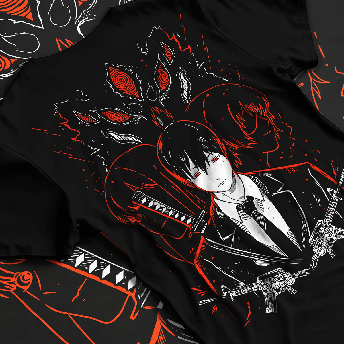 Black T-shirt flat back view with Aki Hayakawa / Fox Devil from Chainsaw Man illustrated back graphic