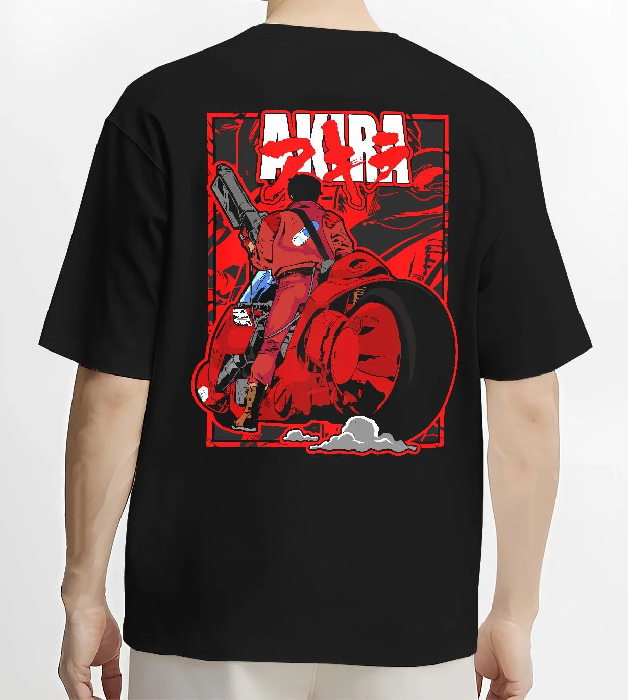 Black T-shirt worn by male model, back view with Akira Neo Tokyo Hoodie Kaneda Bike Retro Future Scene graphic streetwear graphic.
