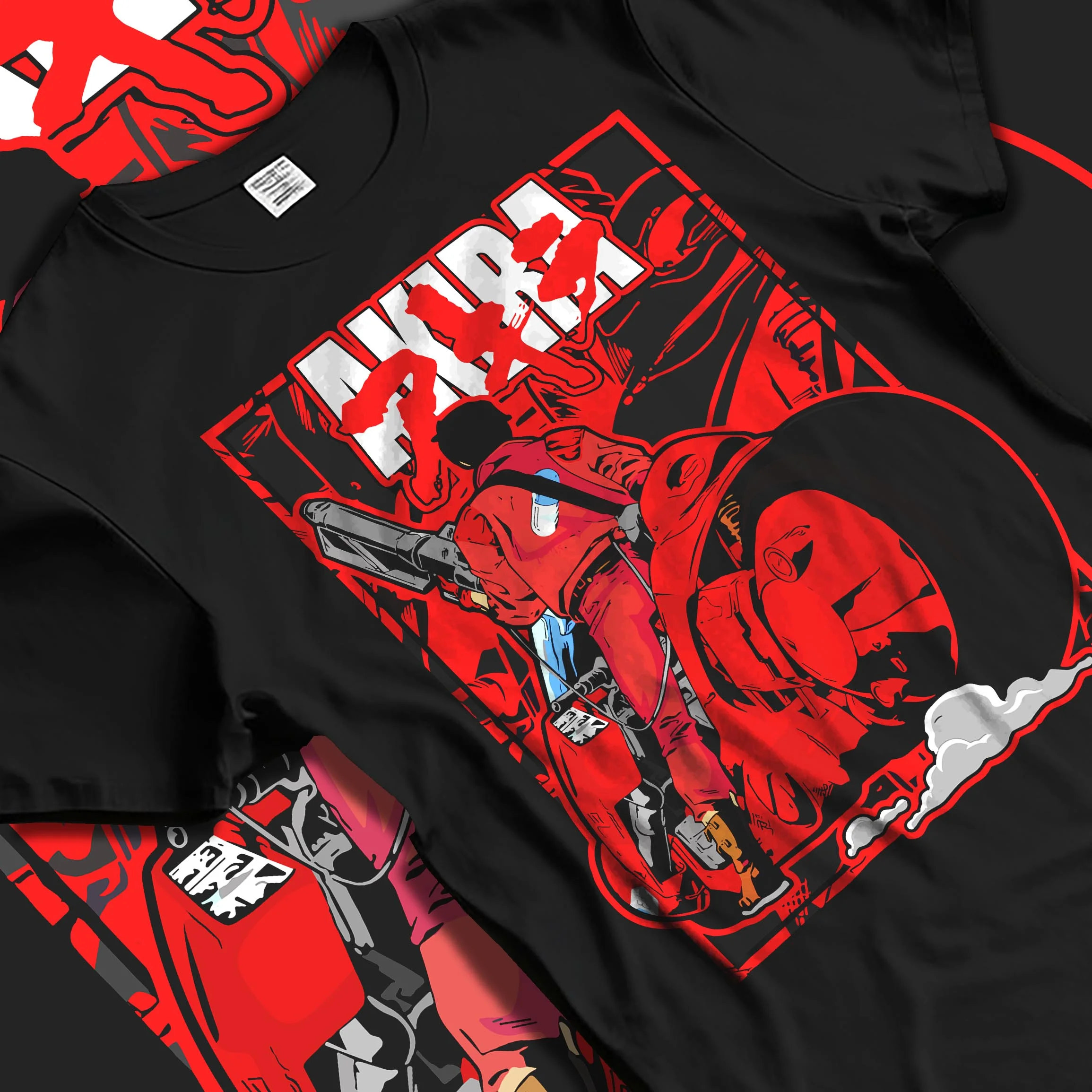 Black T-shirt laid flat with natural folds with Akira Neo Tokyo Hoodie Kaneda Bike Retro Future Scene graphic Akira anime graphic.