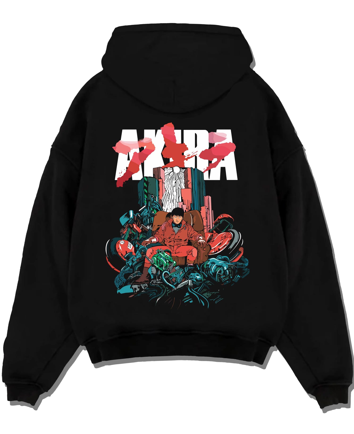 Black pullover hoodie laid flat with Akira Neo Tokyo Hoodie Capsule Motorcycle Retro Panel graphic bold anime graphic.