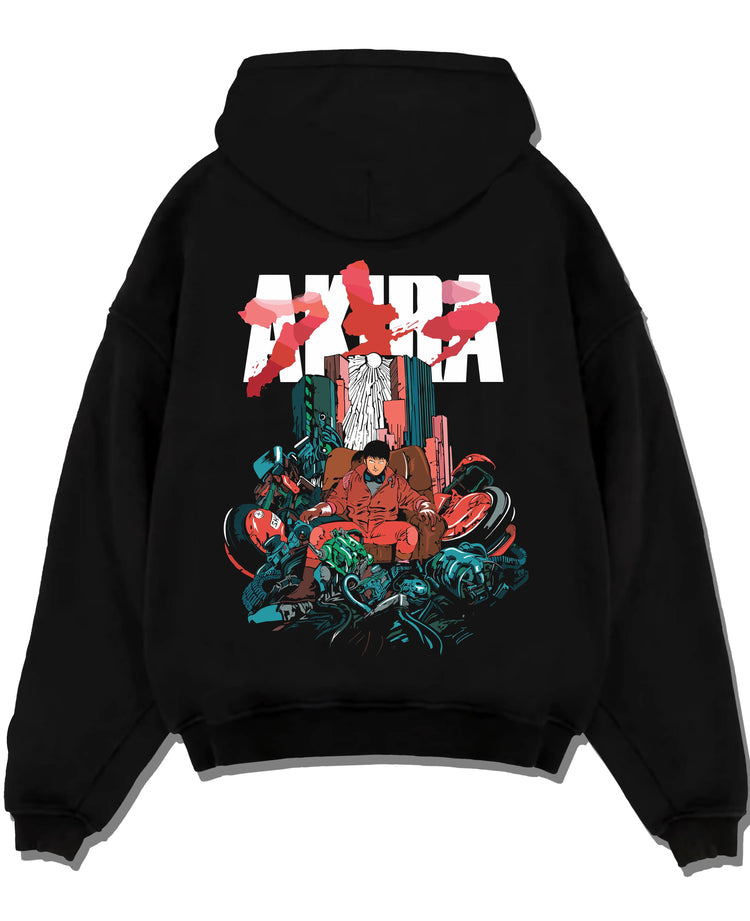 Black pullover hoodie laid flat with Akira Neo Tokyo Hoodie Capsule Motorcycle Retro Panel graphic bold anime graphic.