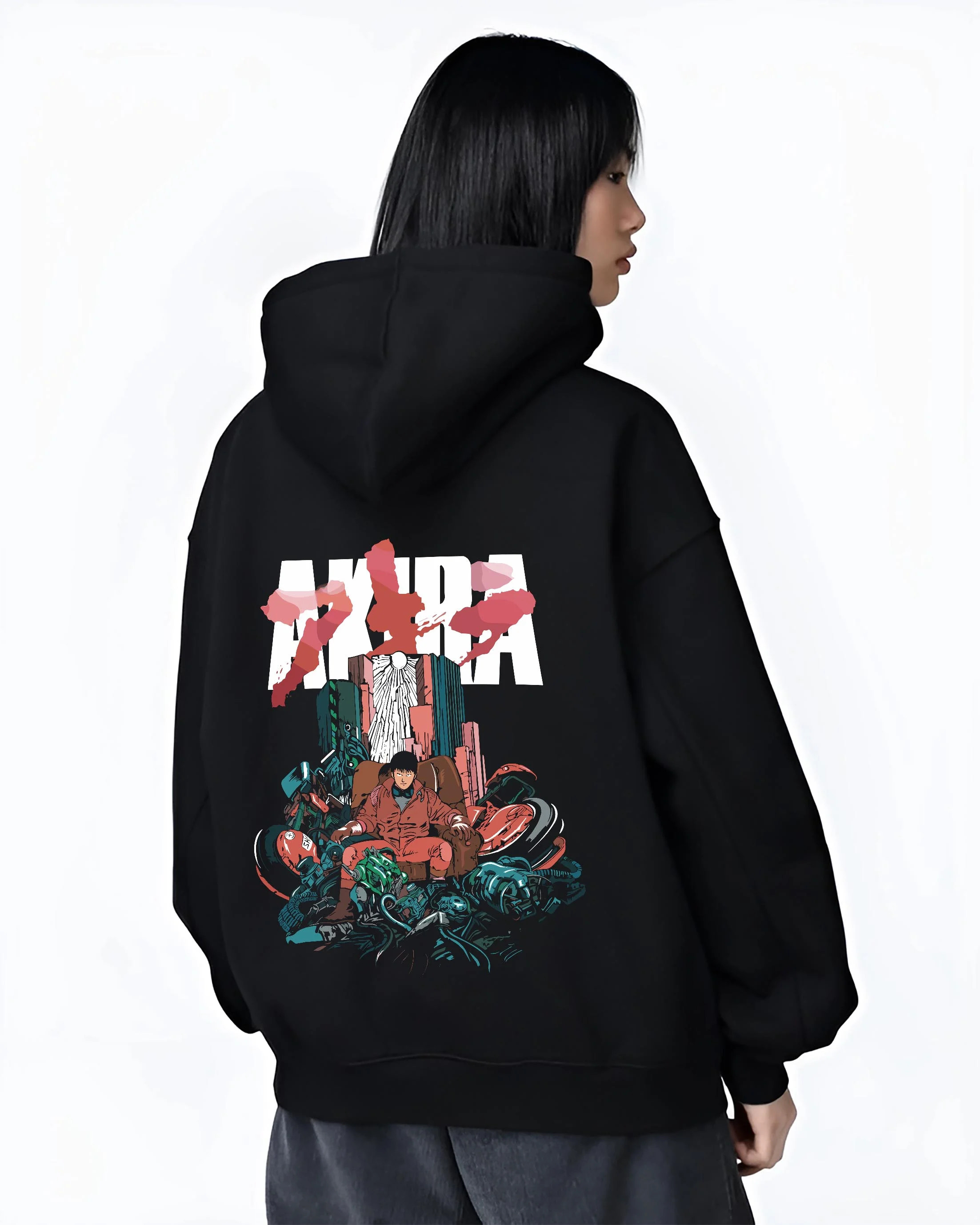 Black hoodie worn by female model, back view with Akira Neo Tokyo Hoodie Capsule Motorcycle Retro Panel graphic premium wear.