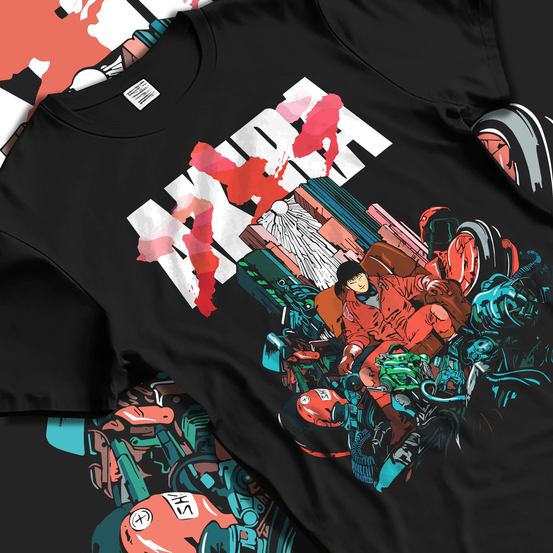 Black T-shirt laid flat with natural folds with Akira Neo Tokyo Hoodie Capsule Motorcycle Retro Panel graphic bold anime graphic.