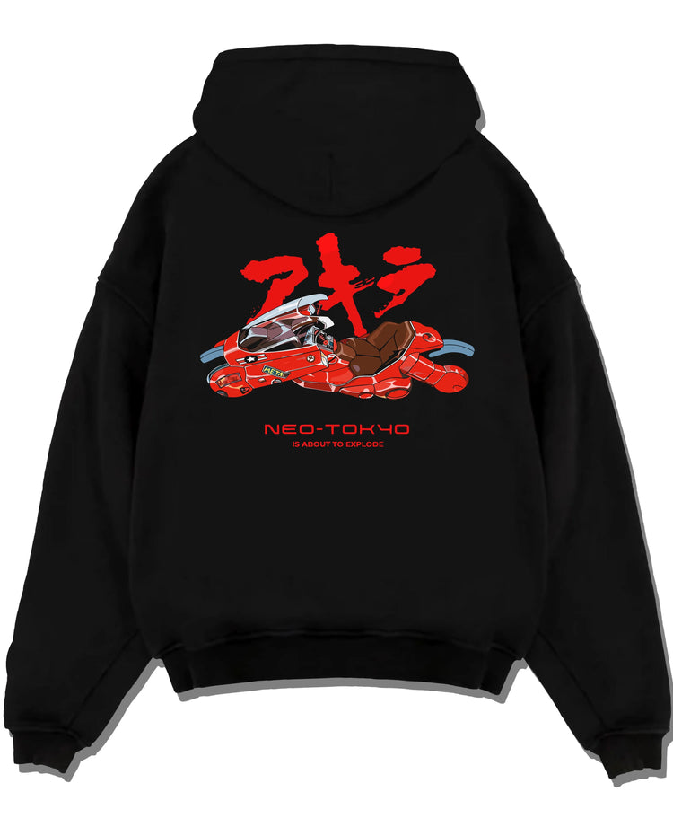 Black pullover hoodie laid flat with Akira Neo Tokyo Hoodie Kaneda Red Bike Retro Poster graphic bold anime graphic.