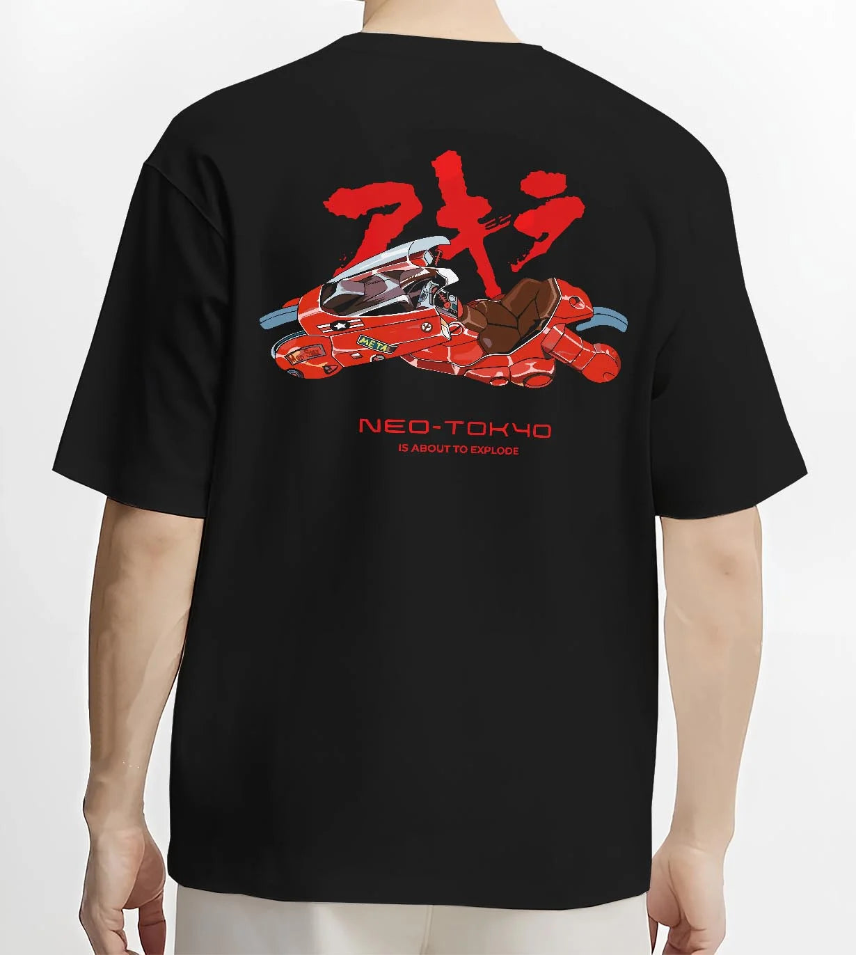Black T-shirt worn by male model, back view with Akira Neo Tokyo Hoodie Kaneda Red Bike Retro Poster graphic premium wear.