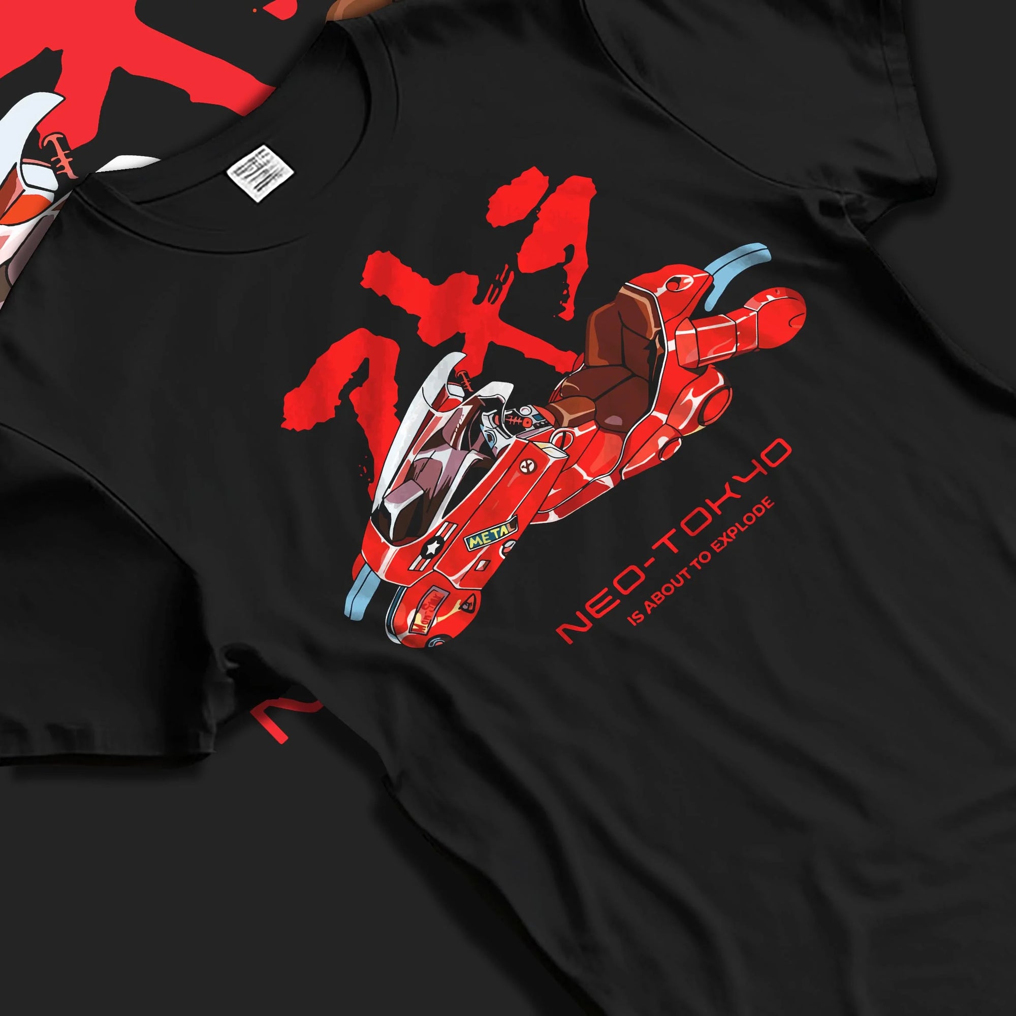 Black T-shirt laid flat with natural folds with Akira Neo Tokyo Hoodie Kaneda Red Bike Retro Poster graphic premium wear.