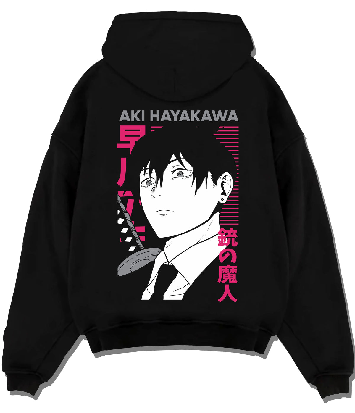 Black hoodie flat back view with Aki Hayakawa from Chainsaw Man illustrated back graphic