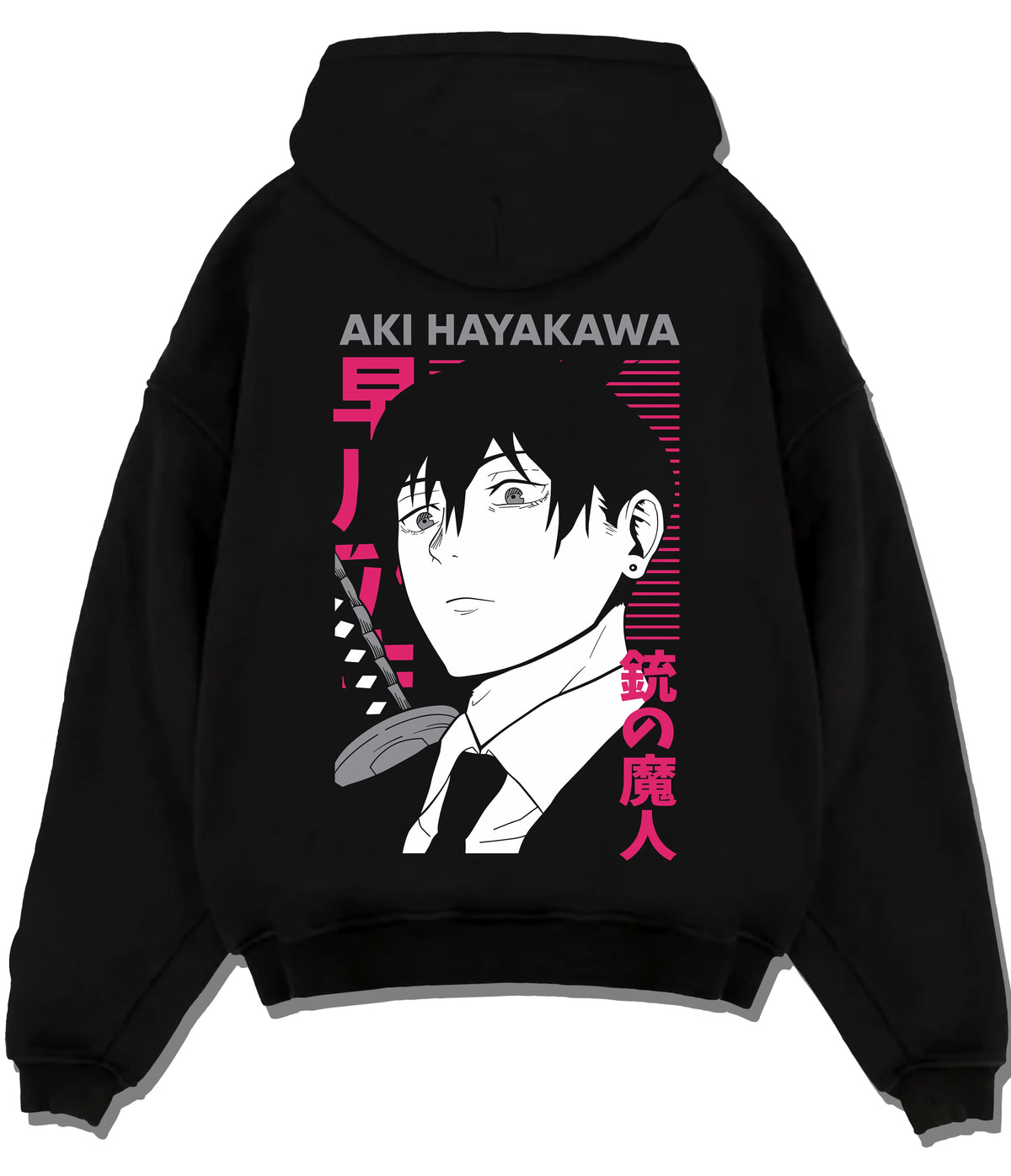 Black hoodie flat back view with Aki Hayakawa from Chainsaw Man illustrated back graphic