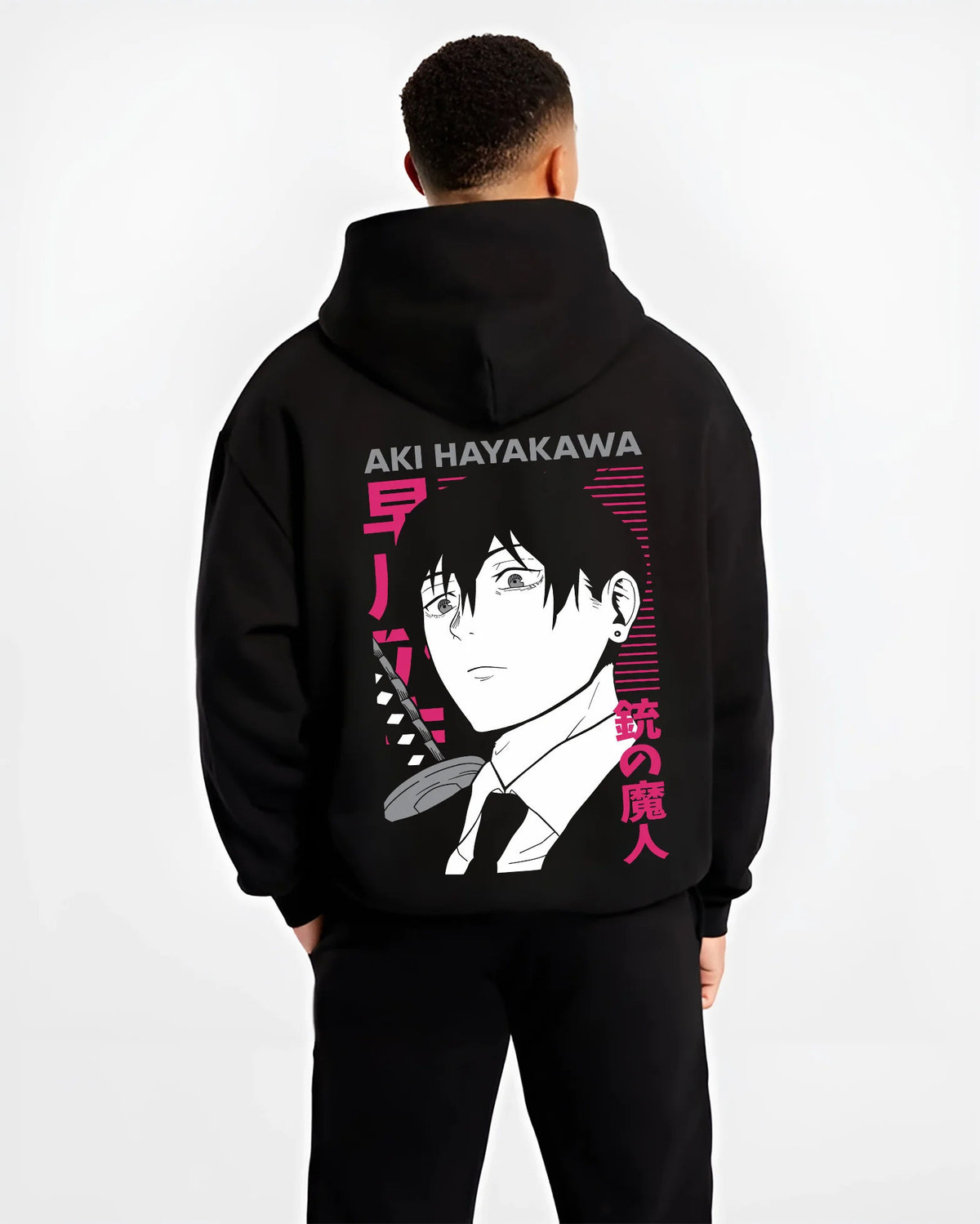 Black hoodie model back view with Aki Hayakawa from Chainsaw Man illustrated back graphic