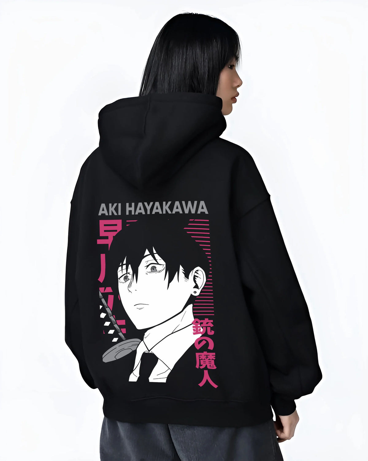 Black hoodie female model back view with Aki Hayakawa from Chainsaw Man illustrated back graphic
