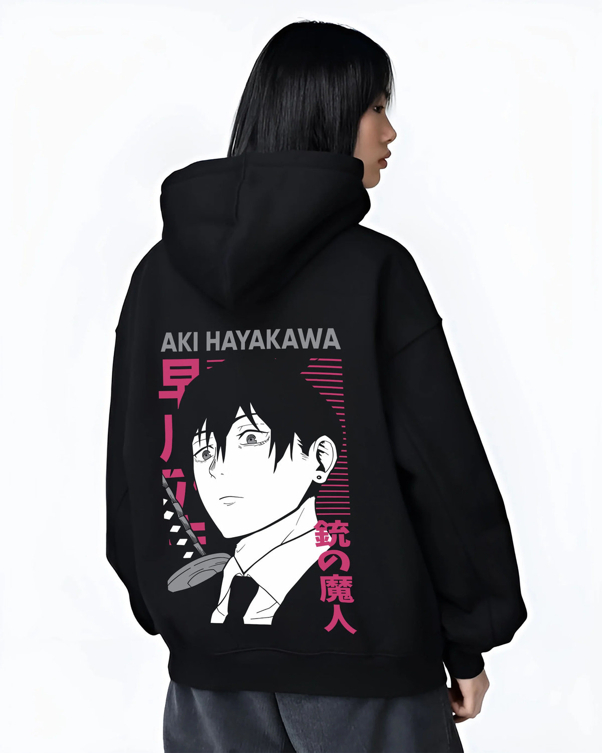 Black hoodie female model back view with Aki Hayakawa from Chainsaw Man illustrated back graphic