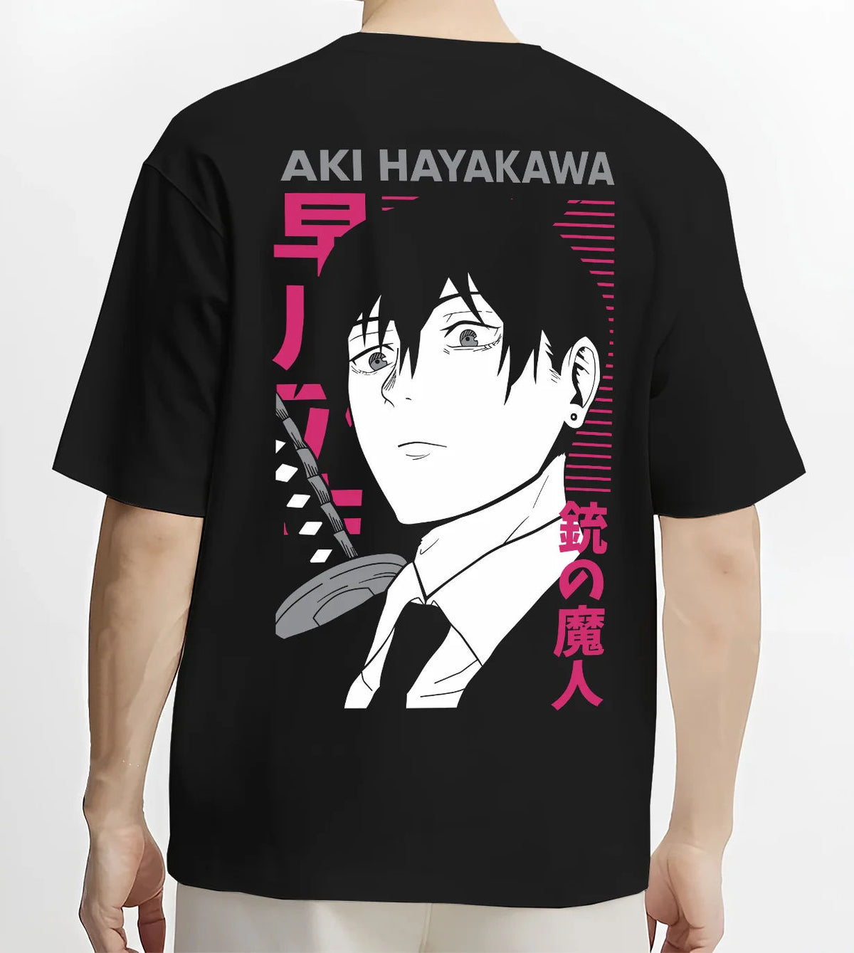 Black T-shirt model back view with Aki Hayakawa from Chainsaw Man illustrated back graphic