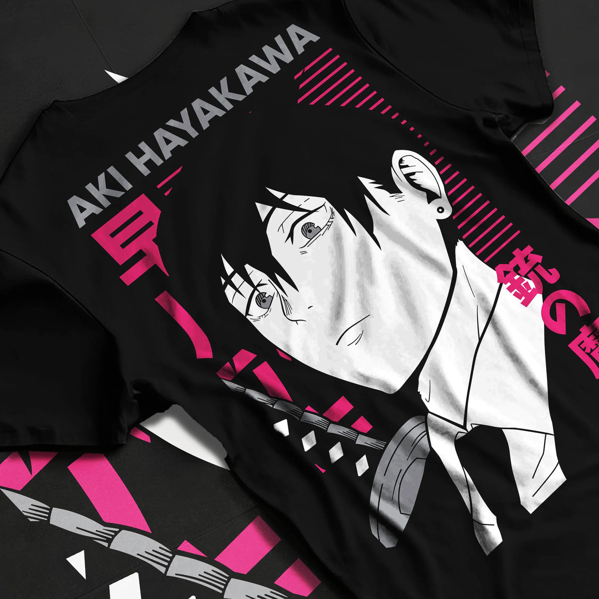 Black T-shirt flat back view with Aki Hayakawa from Chainsaw Man illustrated back graphic