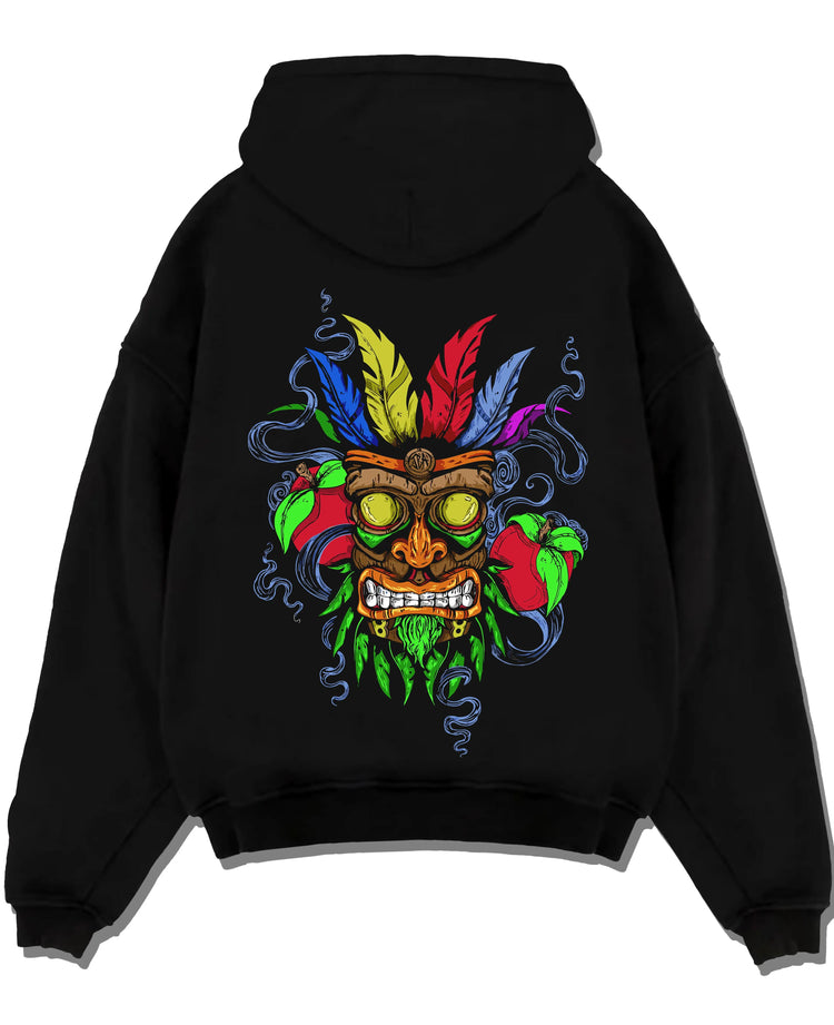 Black pullover hoodie laid flat with Crash Bandicoot Aku Aku Hoodie Retro Gaming Classic graphic bold anime graphic.