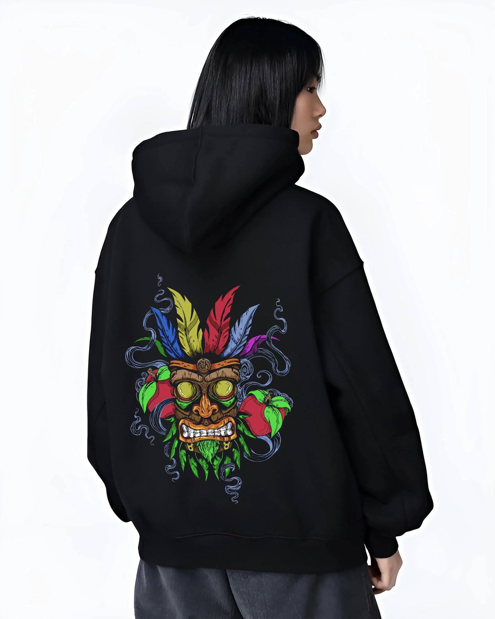 Black hoodie worn by female model, back view with Crash Bandicoot Aku Aku Hoodie Retro Gaming Classic graphic streetwear graphic.