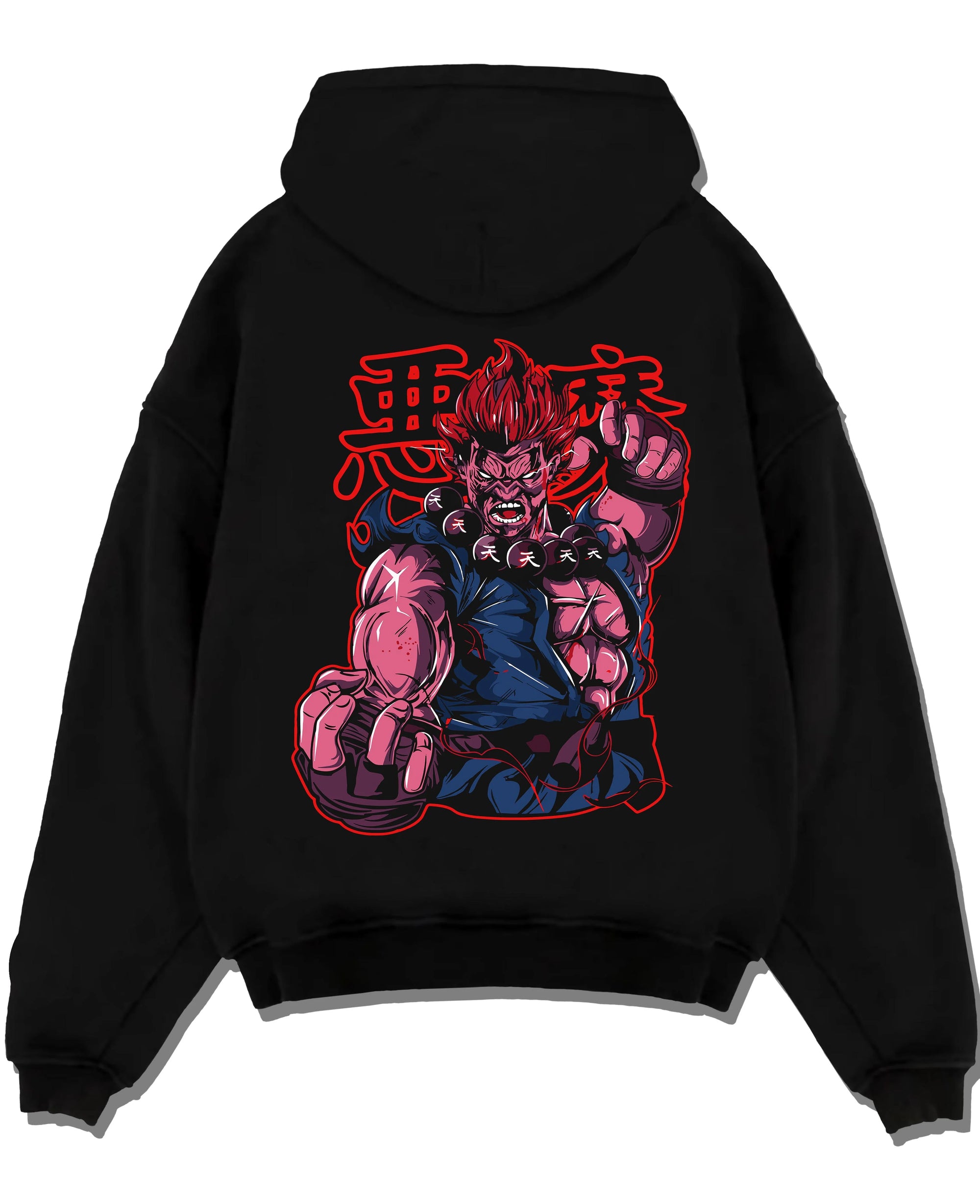Black pullover hoodie laid flat with Akuma Raging Demon Hoodie Street Fighter Dark Energy graphic streetwear graphic.