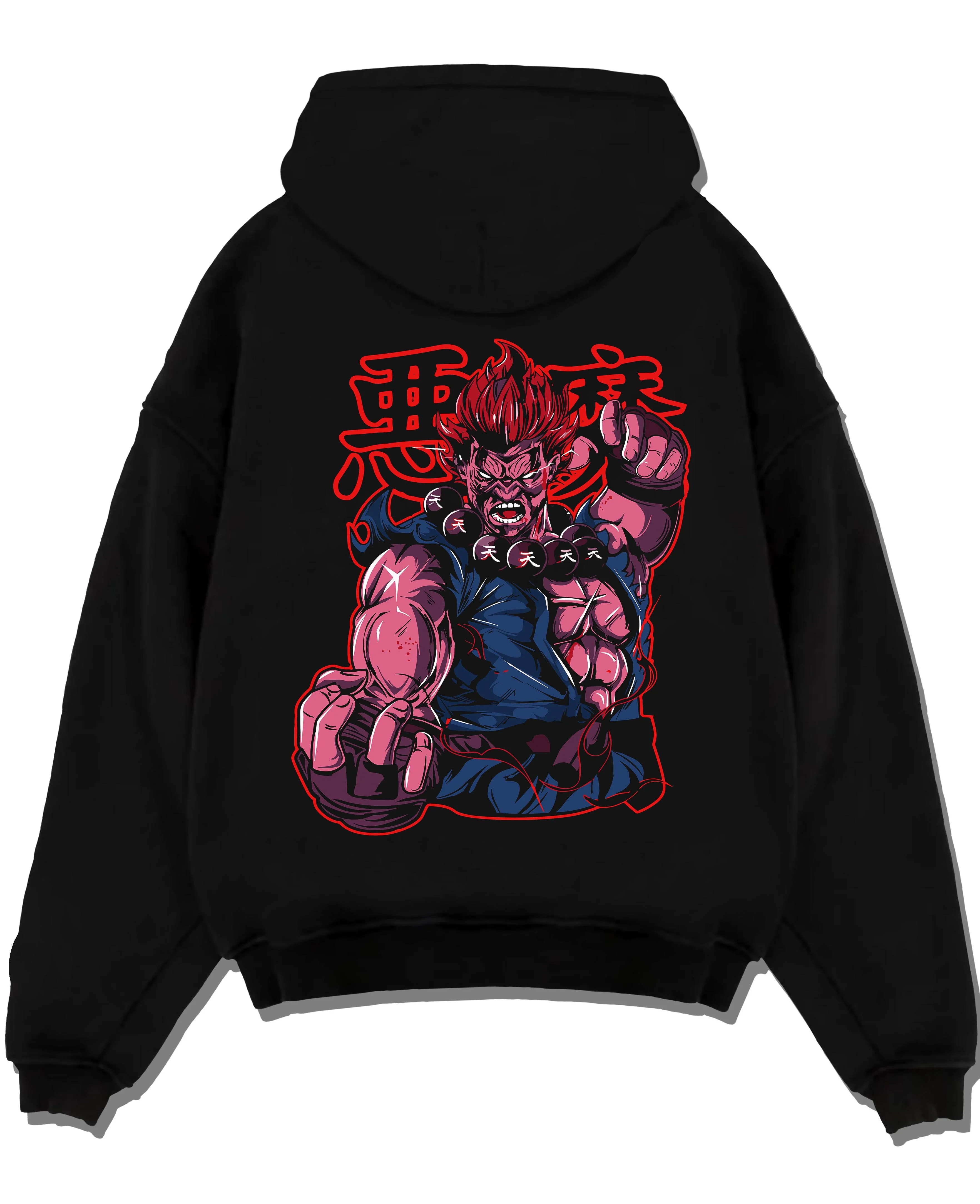 Black pullover hoodie laid flat with Akuma Raging Demon Hoodie Street Fighter Dark Energy graphic streetwear graphic.