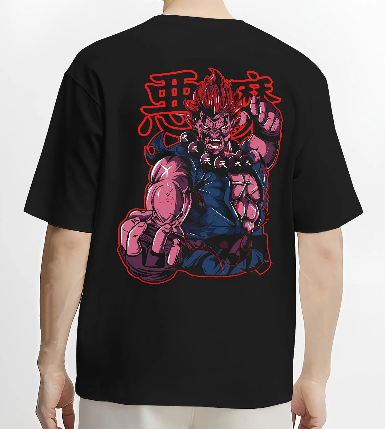 Black T-shirt worn by male model, back view with Akuma Raging Demon Hoodie Street Fighter Dark Energy graphic streetwear graphic.