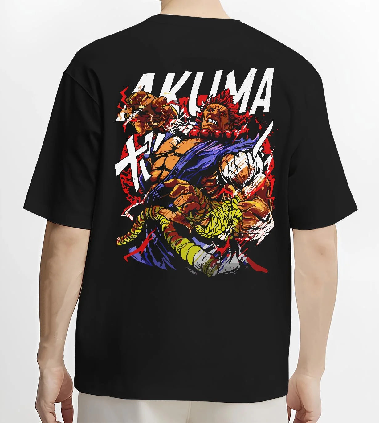 Black T-shirt worn by male model, back view with Akuma Max Power Hoodie Street Fighter Fiery Demon Aura graphic Akuma anime design.