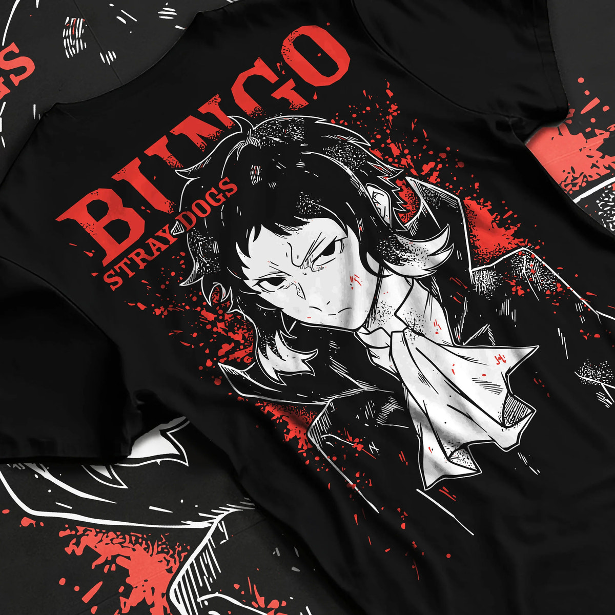 Black T-shirt flat back view showing Ryunosuke Akutagawa from Bungou Stray Dogs: Bungo Stray Dogs portrait