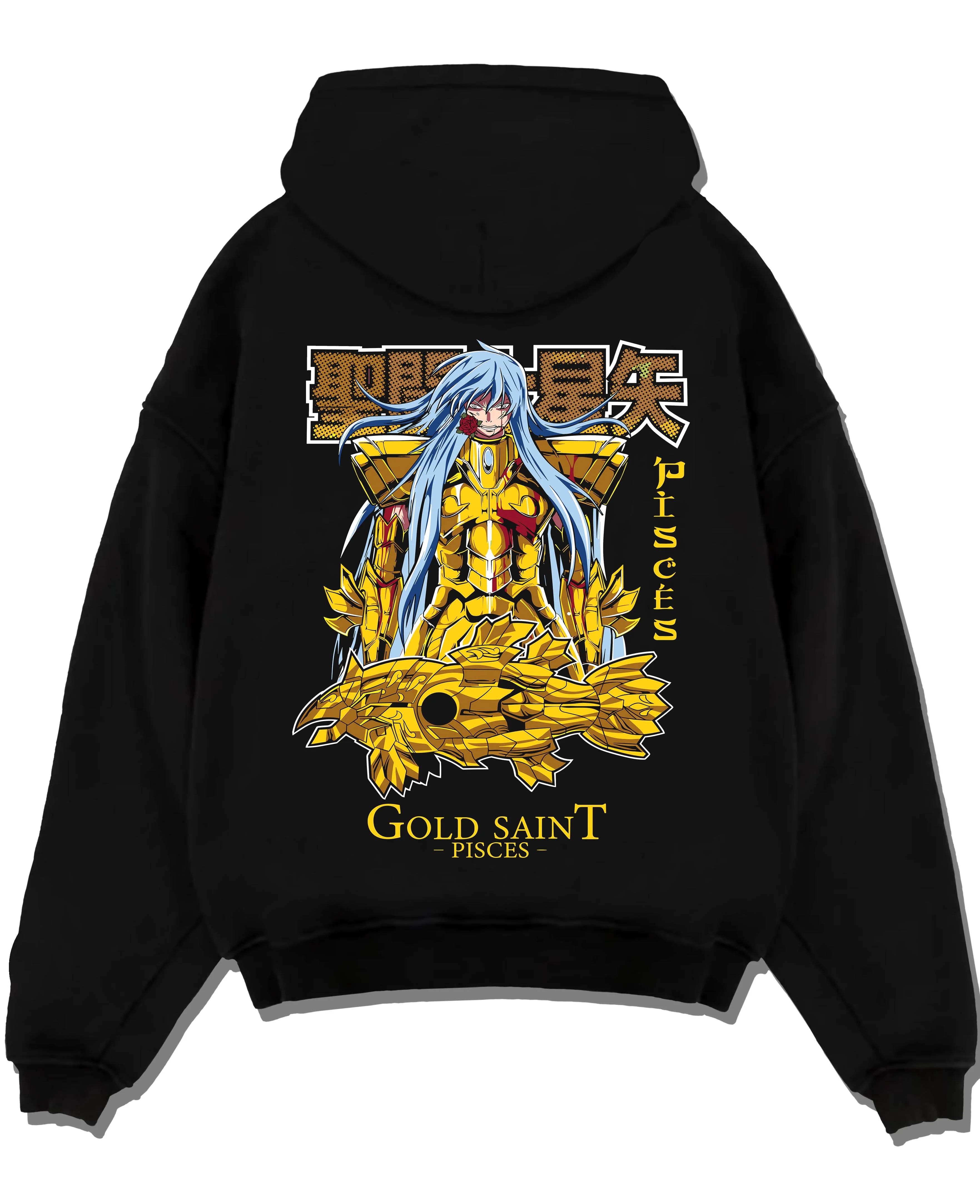 Black pullover hoodie laid flat with Pisces Gold Saint Hoodie Saint Seiya Mythic Zodiac graphic streetwear graphic.