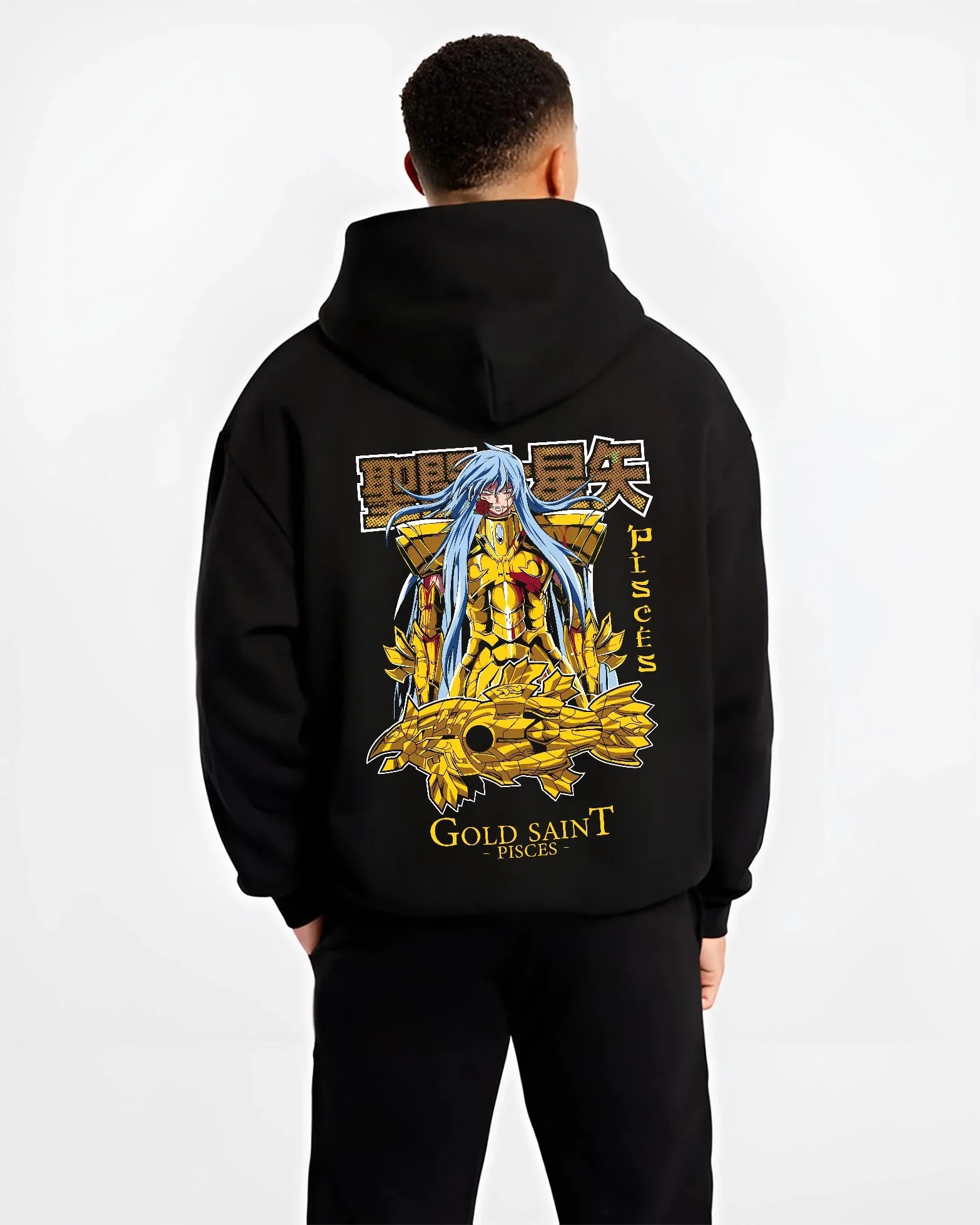 Black hoodie worn by male model, back view with Pisces Gold Saint Hoodie Saint Seiya Mythic Zodiac graphic premium wear.