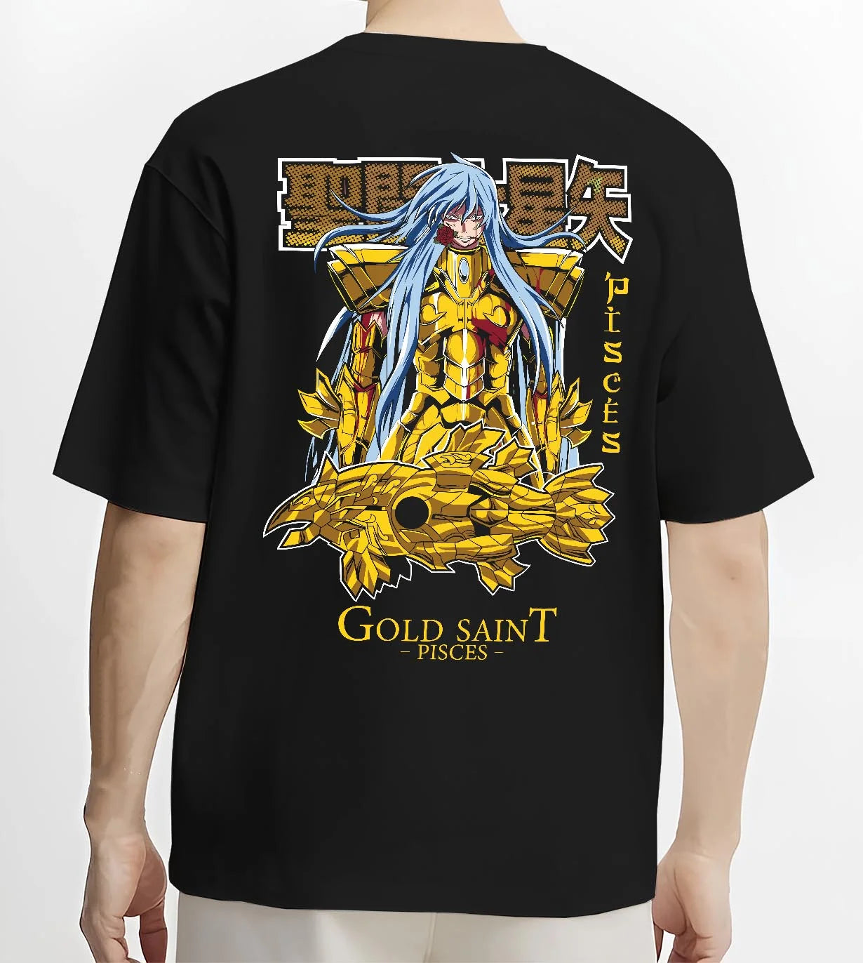 Black T-shirt worn by male model, back view with Pisces Gold Saint Hoodie Saint Seiya Mythic Zodiac graphic streetwear graphic.