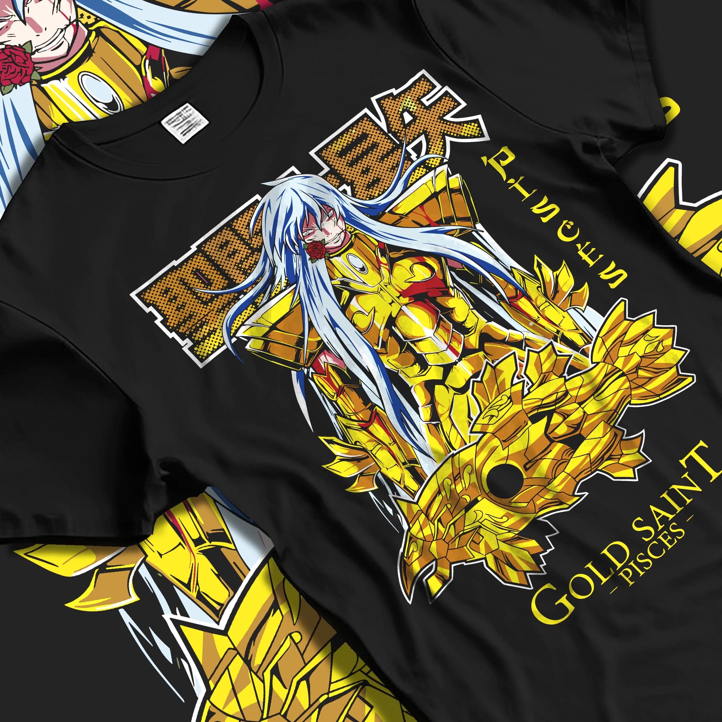 Black T-shirt laid flat with natural folds with Pisces Gold Saint Hoodie Saint Seiya Mythic Zodiac graphic streetwear graphic.