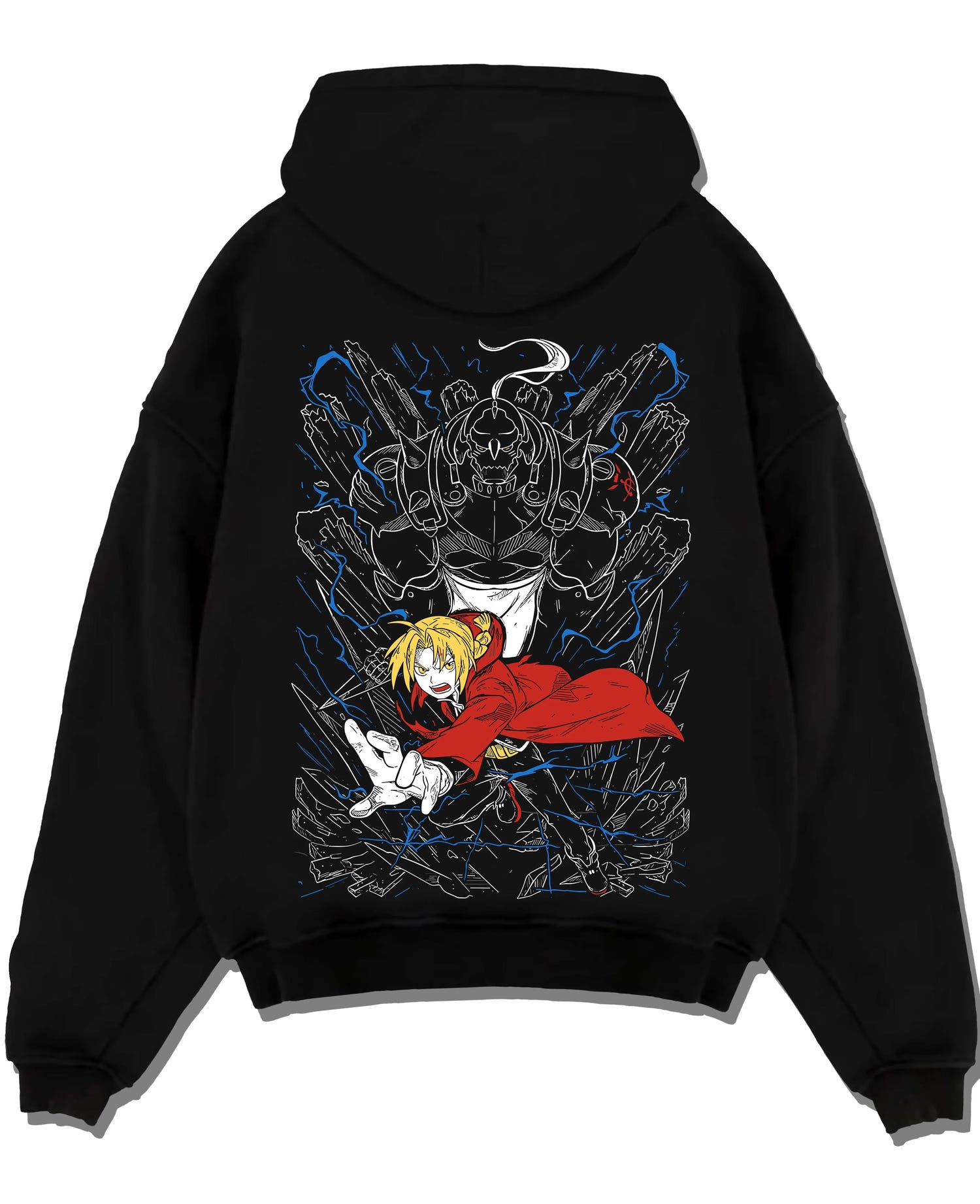 Black pullover hoodie laid flat with Elric Brothers Hoodie Fullmetal Alchemist Battle Bond graphic premium wear.