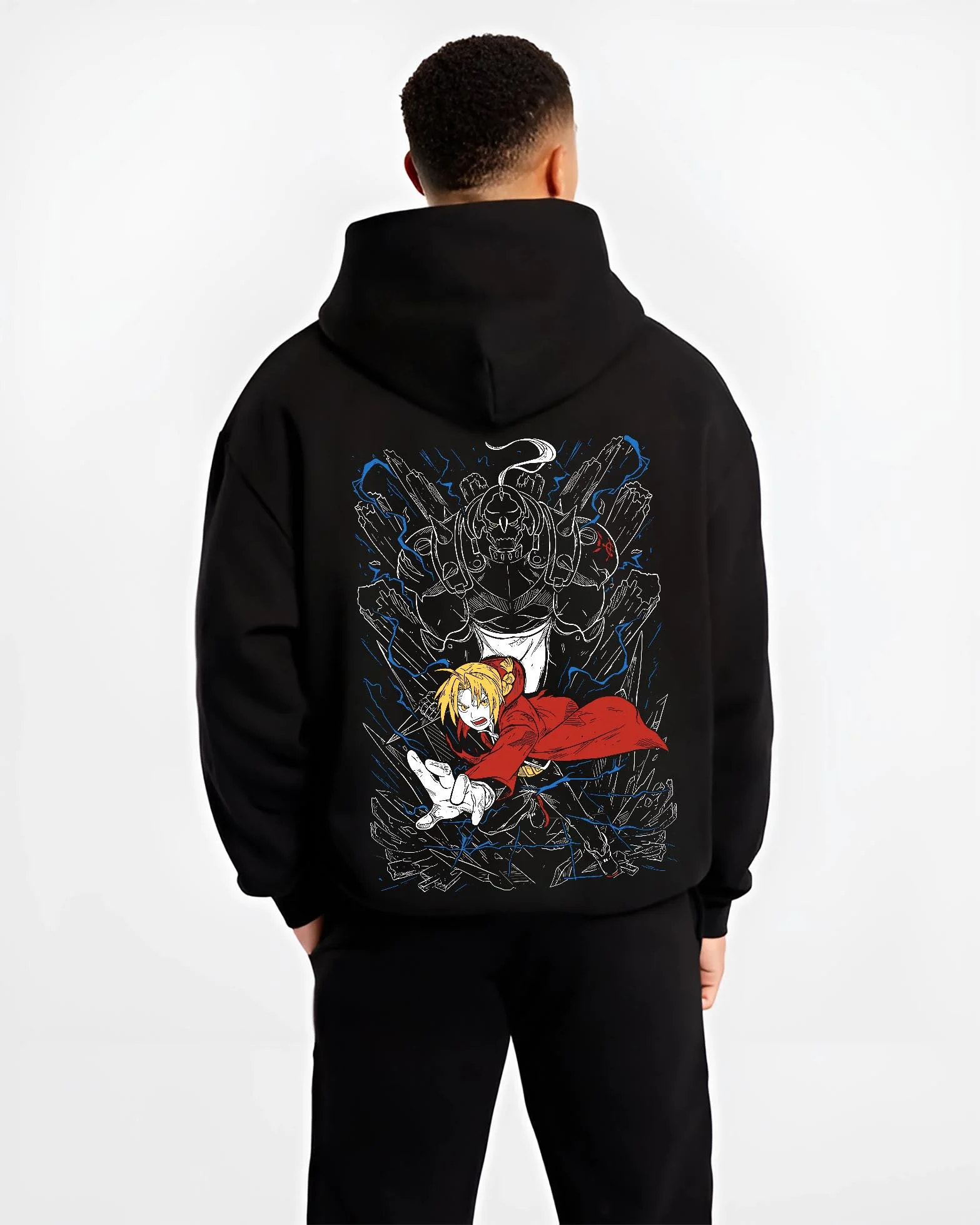 Black hoodie worn by male model, back view with Elric Brothers Hoodie Fullmetal Alchemist Battle Bond graphic bold anime graphic.