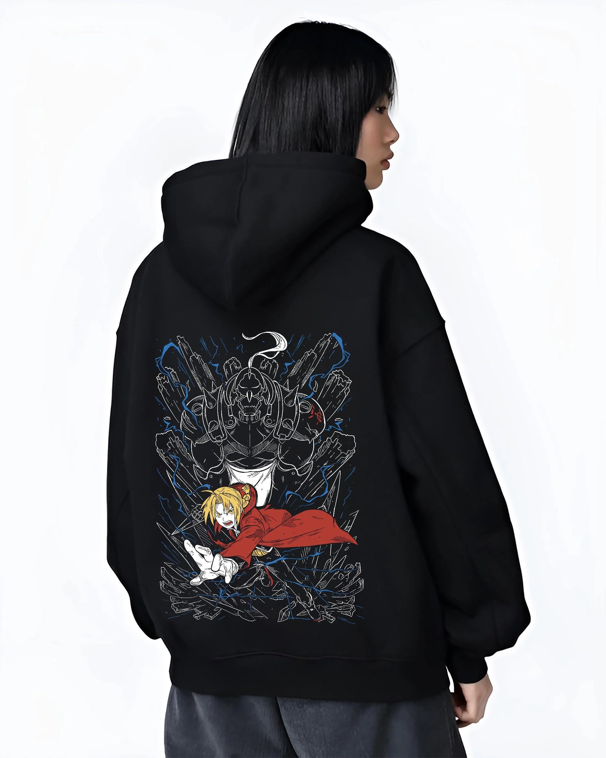 Black hoodie worn by female model, back view with Elric Brothers Hoodie Fullmetal Alchemist Battle Bond graphic streetwear graphic.