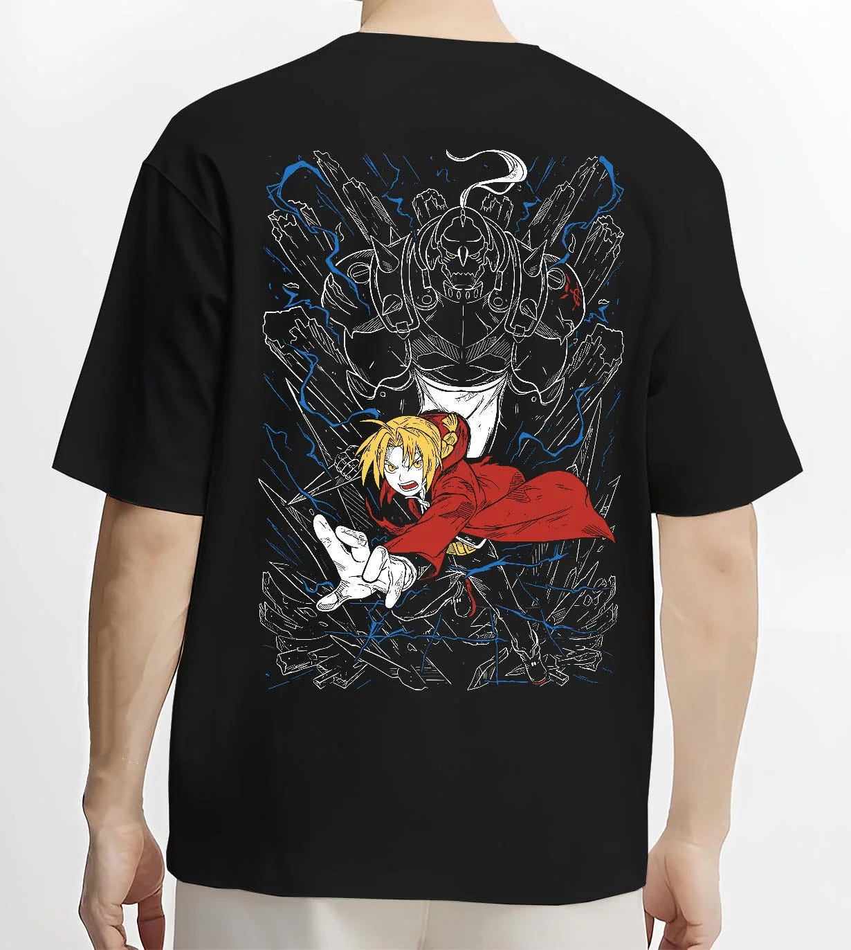Black T-shirt worn by male model, back view with Elric Brothers Hoodie Fullmetal Alchemist Battle Bond graphic premium wear.
