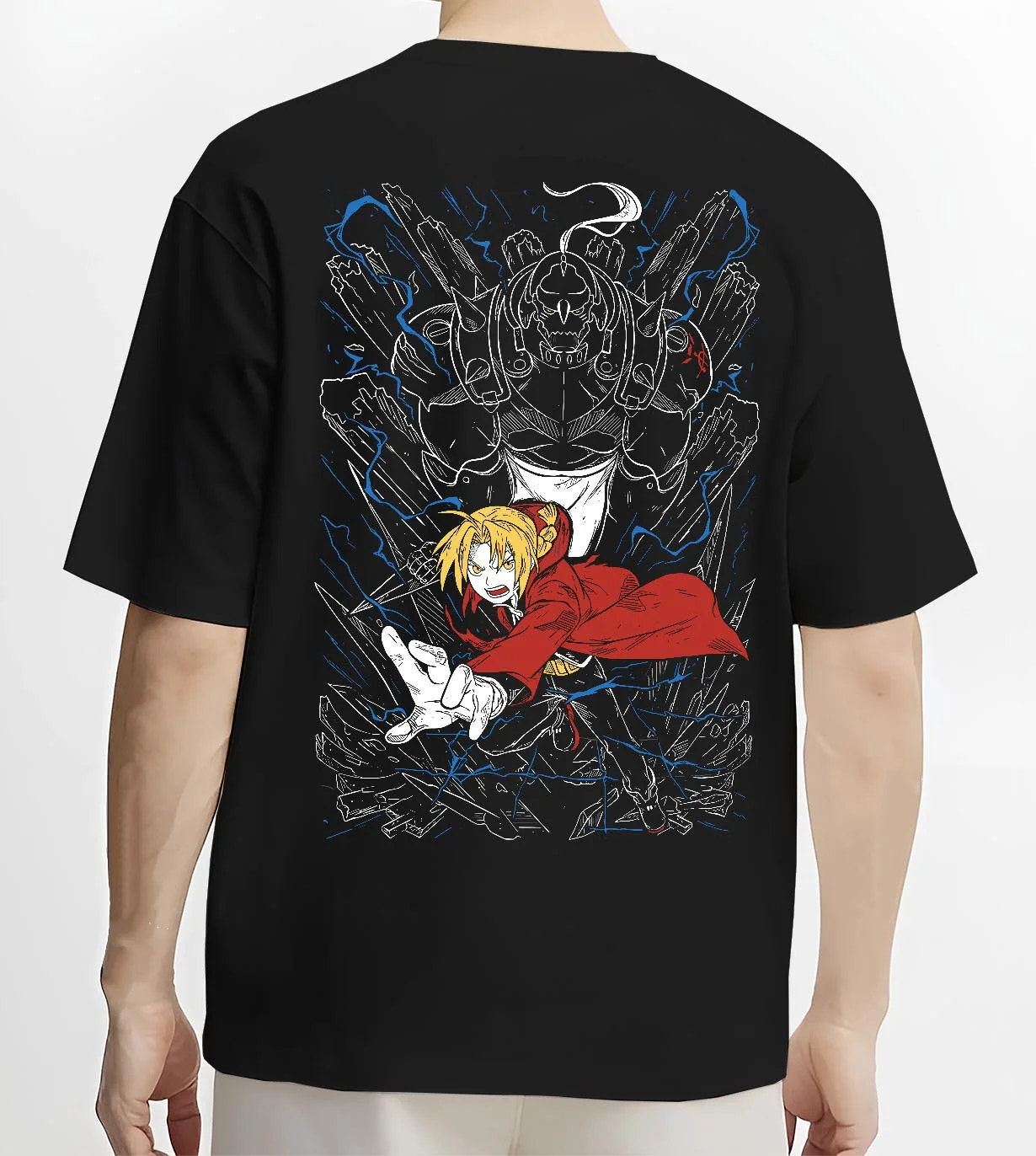 Black T-shirt worn by male model, back view with Elric Brothers Hoodie Fullmetal Alchemist Battle Bond graphic premium wear.