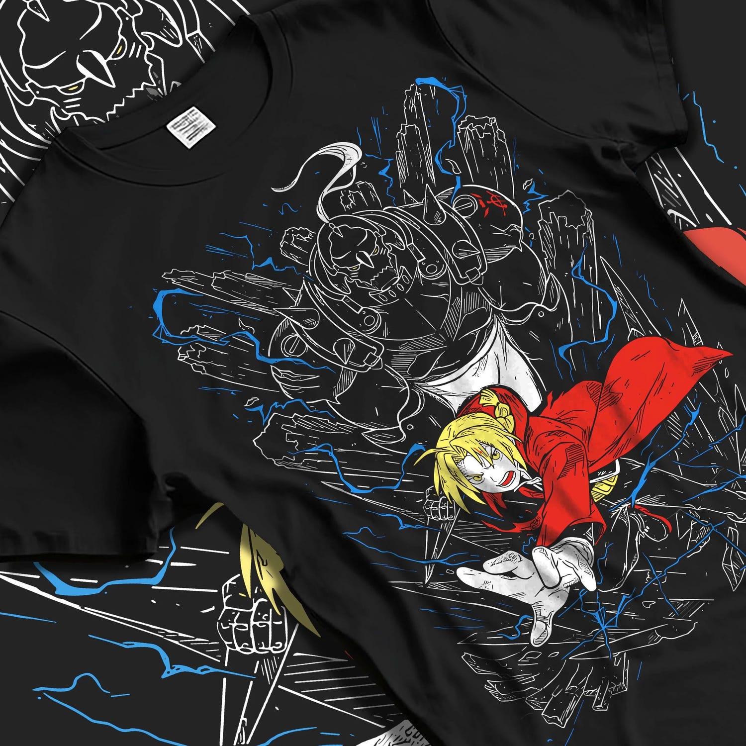 Black T-shirt laid flat with natural folds with Elric Brothers Hoodie Fullmetal Alchemist Battle Bond graphic streetwear graphic.