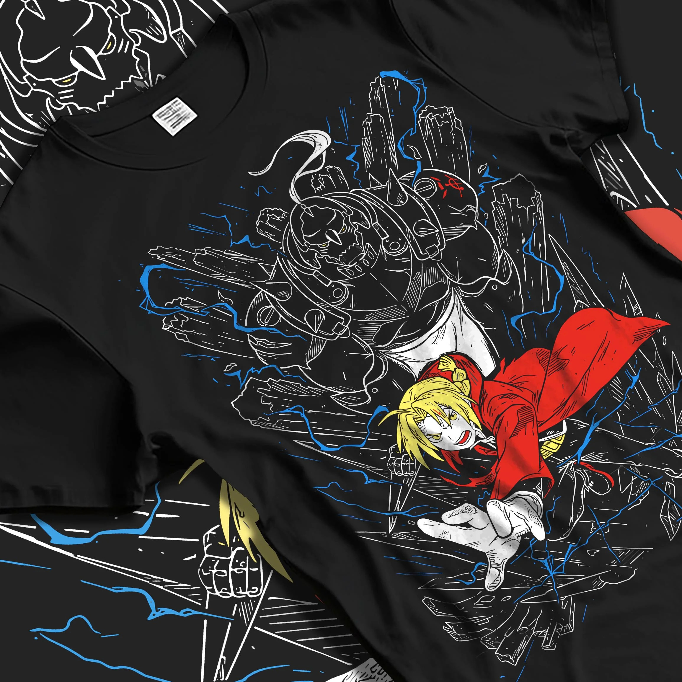 Black T-shirt laid flat with natural folds with Elric Brothers Hoodie Fullmetal Alchemist Battle Bond graphic streetwear graphic.