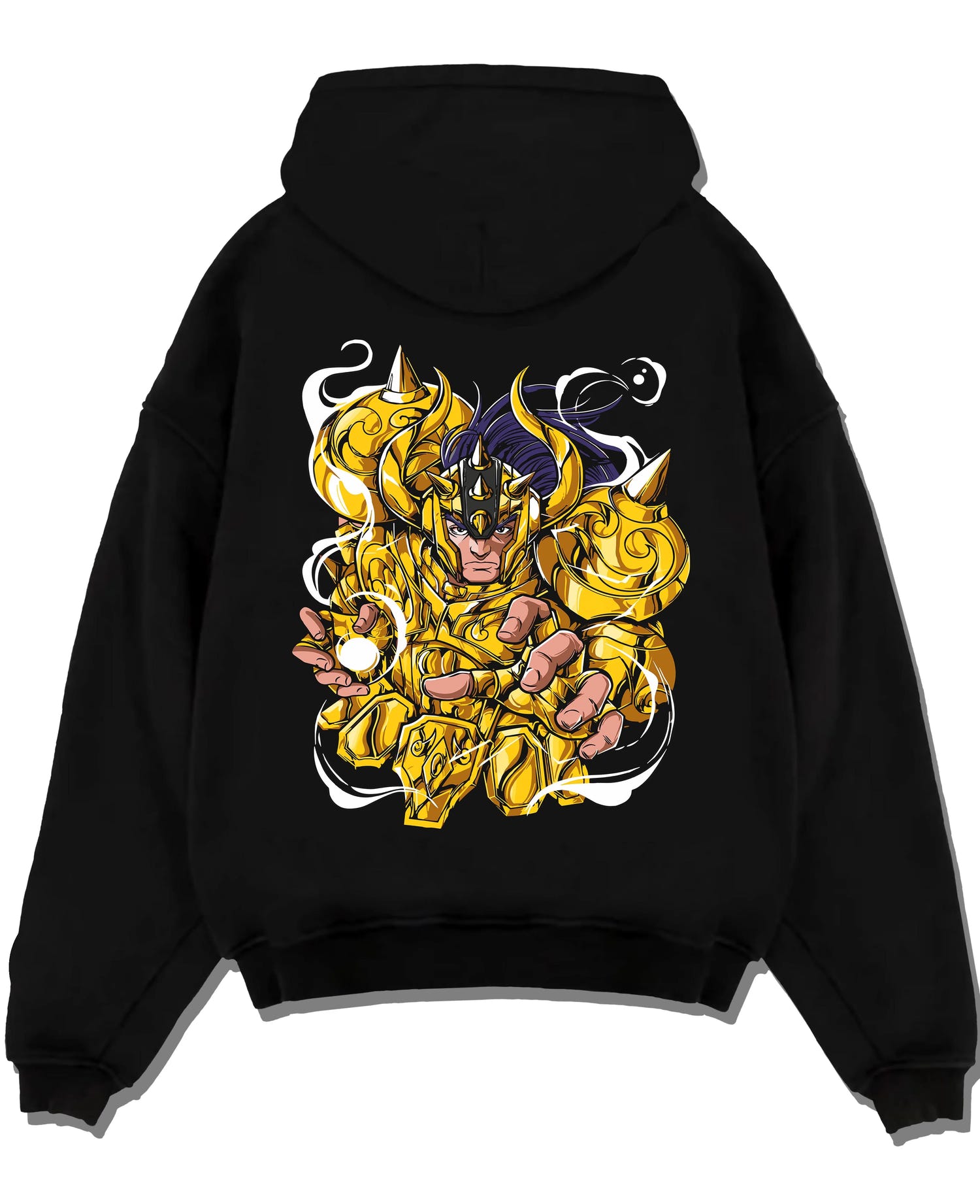 Black pullover hoodie laid flat with Aldebaran Gold Saint Hoodie Saint Seiya Taurus Power graphic premium wear.
