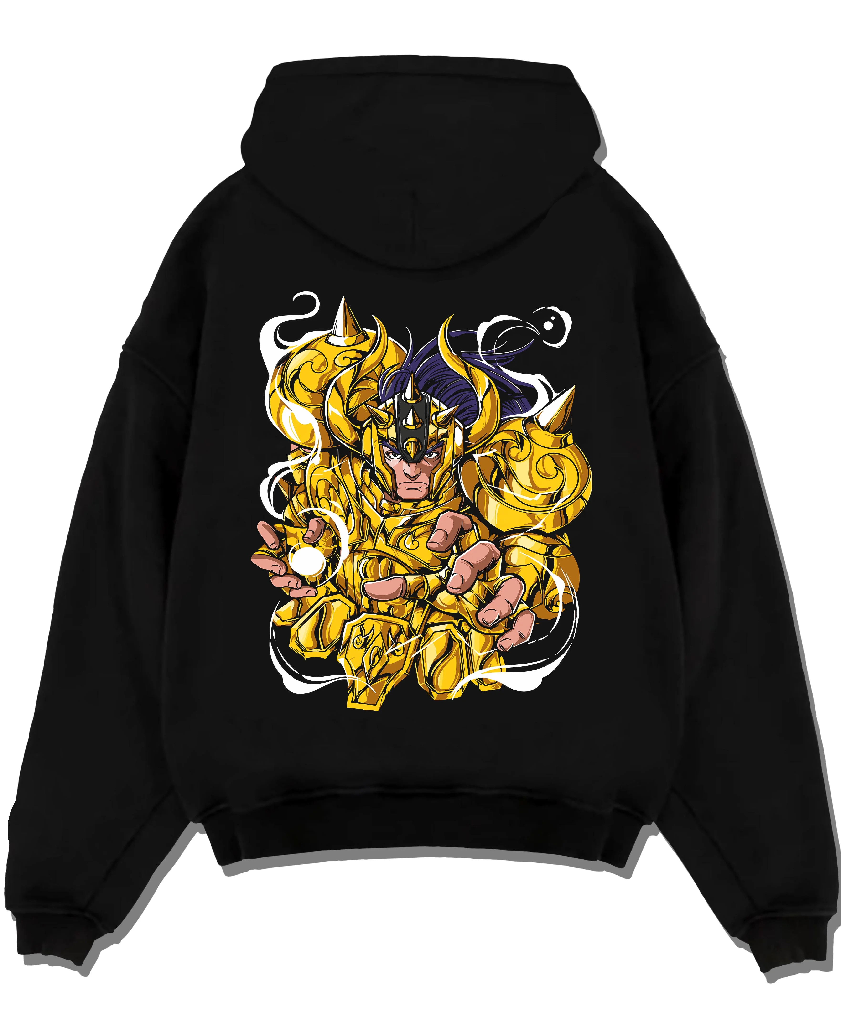 Black pullover hoodie laid flat with Aldebaran Gold Saint Hoodie Saint Seiya Taurus Power graphic premium wear.