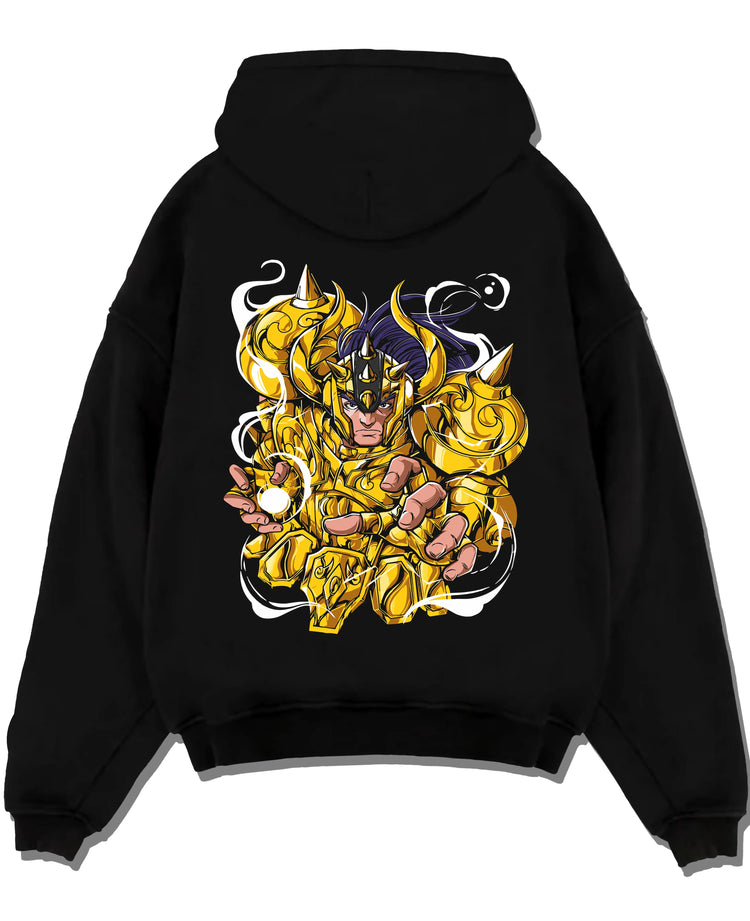 Black pullover hoodie laid flat with Aldebaran Gold Saint Hoodie Saint Seiya Taurus Power graphic premium wear.