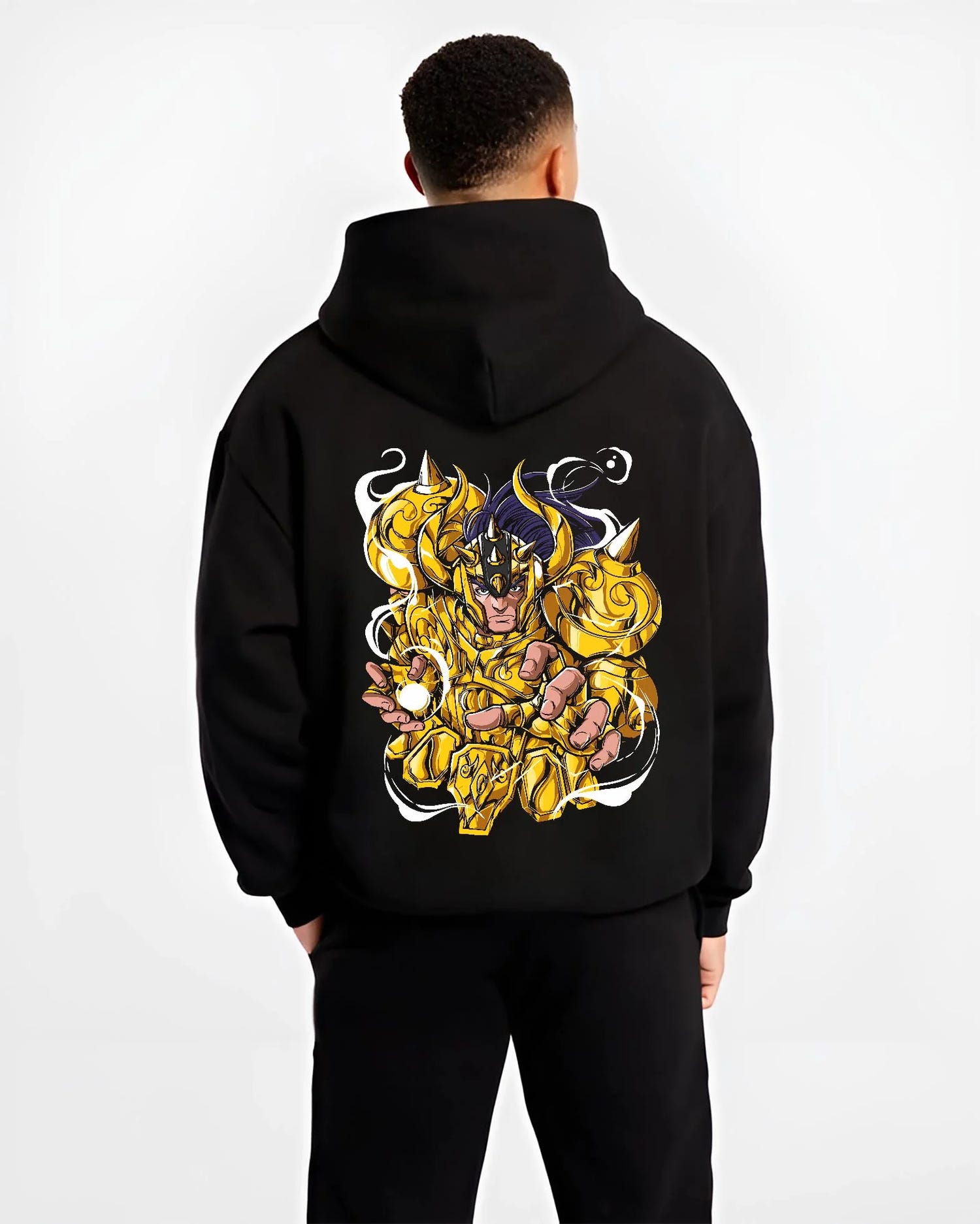 Black hoodie worn by male model, back view with Aldebaran Gold Saint Hoodie Saint Seiya Taurus Power graphic premium wear.