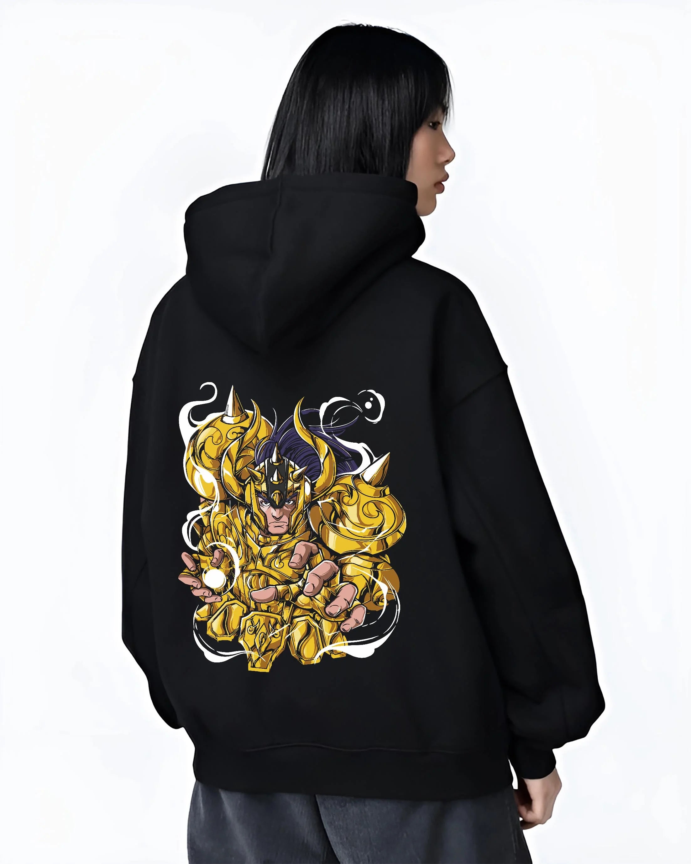 Black hoodie worn by female model, back view with Aldebaran Gold Saint Hoodie Saint Seiya Taurus Power graphic streetwear graphic.