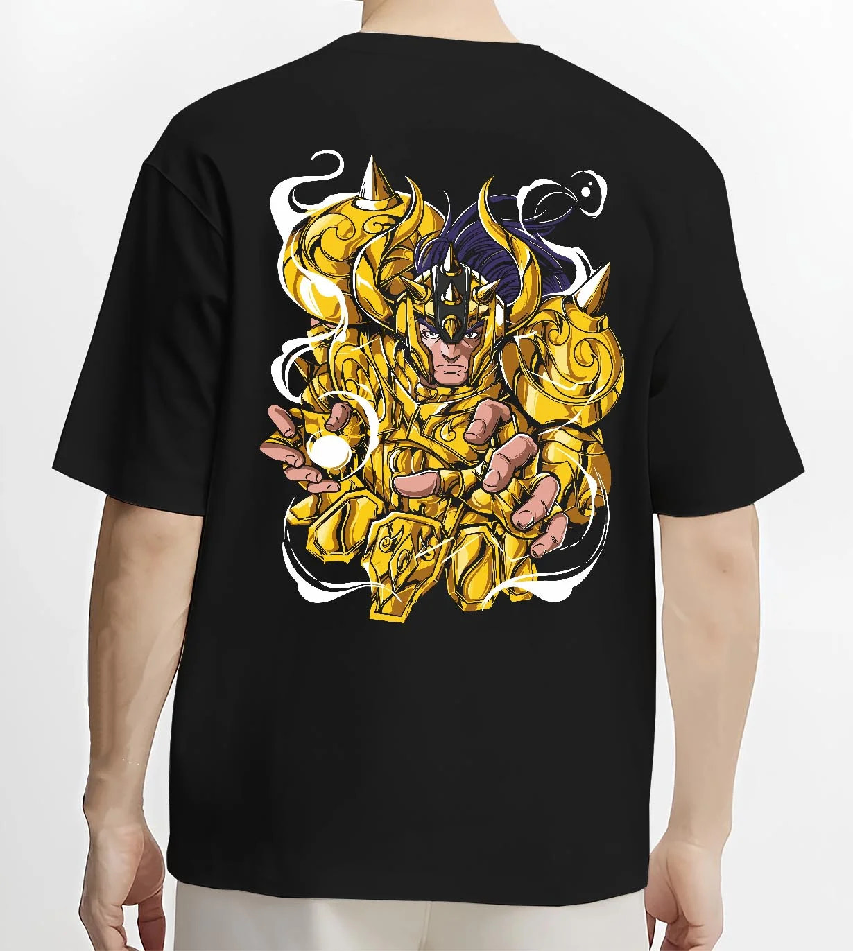 Black T-shirt worn by male model, back view with Aldebaran Gold Saint Hoodie Saint Seiya Taurus Power graphic streetwear graphic.