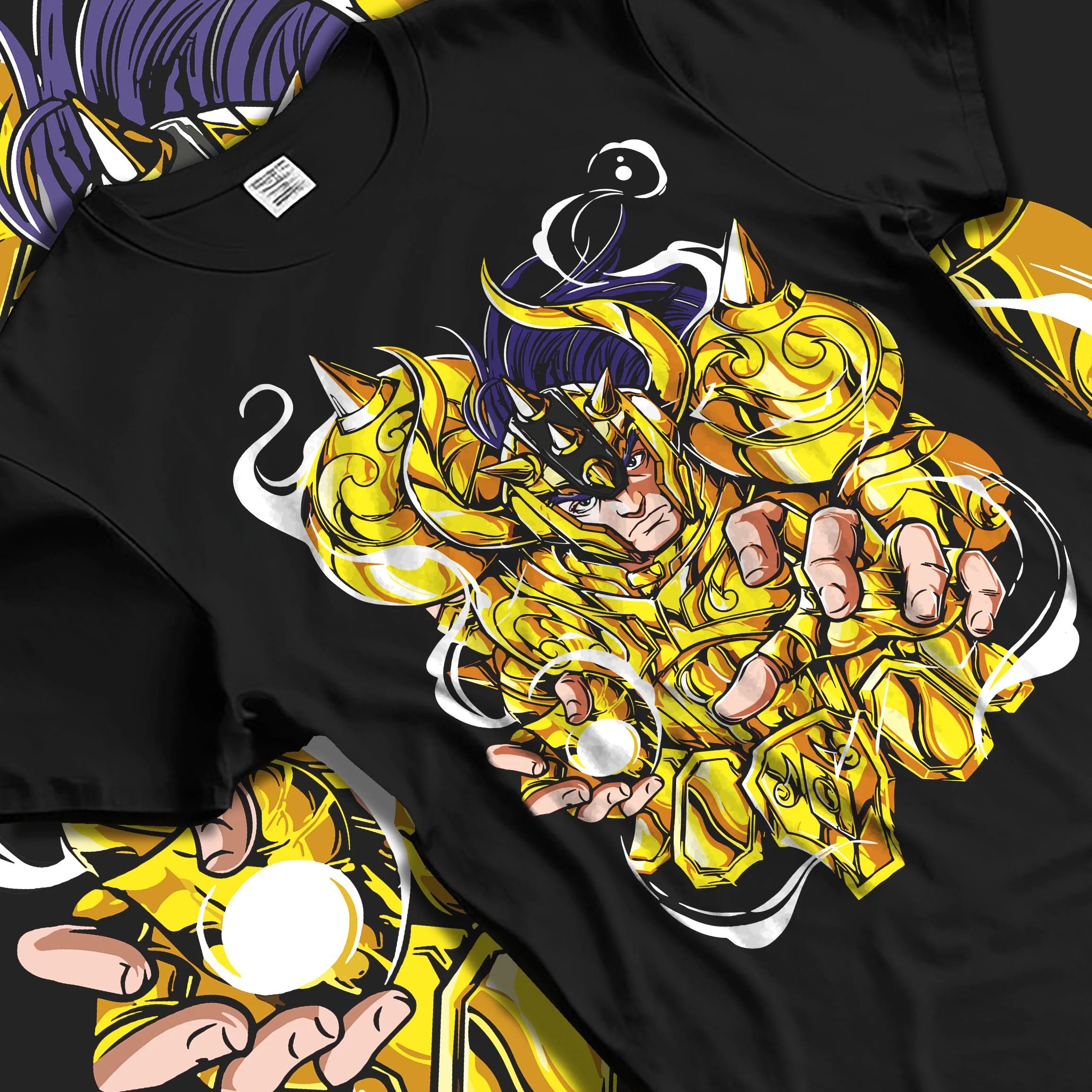 Black T-shirt laid flat with natural folds with Aldebaran Gold Saint Hoodie Saint Seiya Taurus Power graphic streetwear graphic.