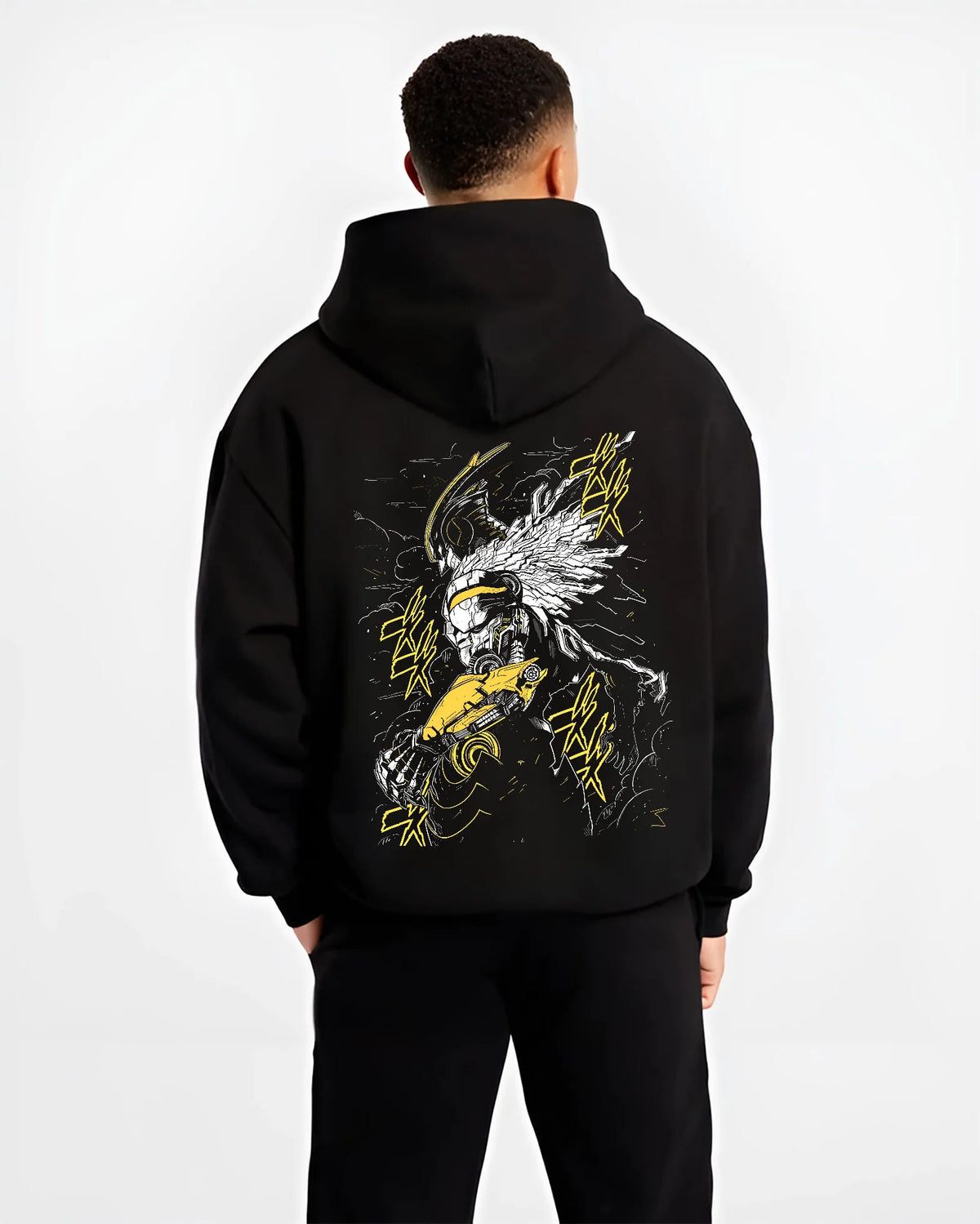 Black hoodie model back view showing All Might from My Hero Academia: stylised heroic armour