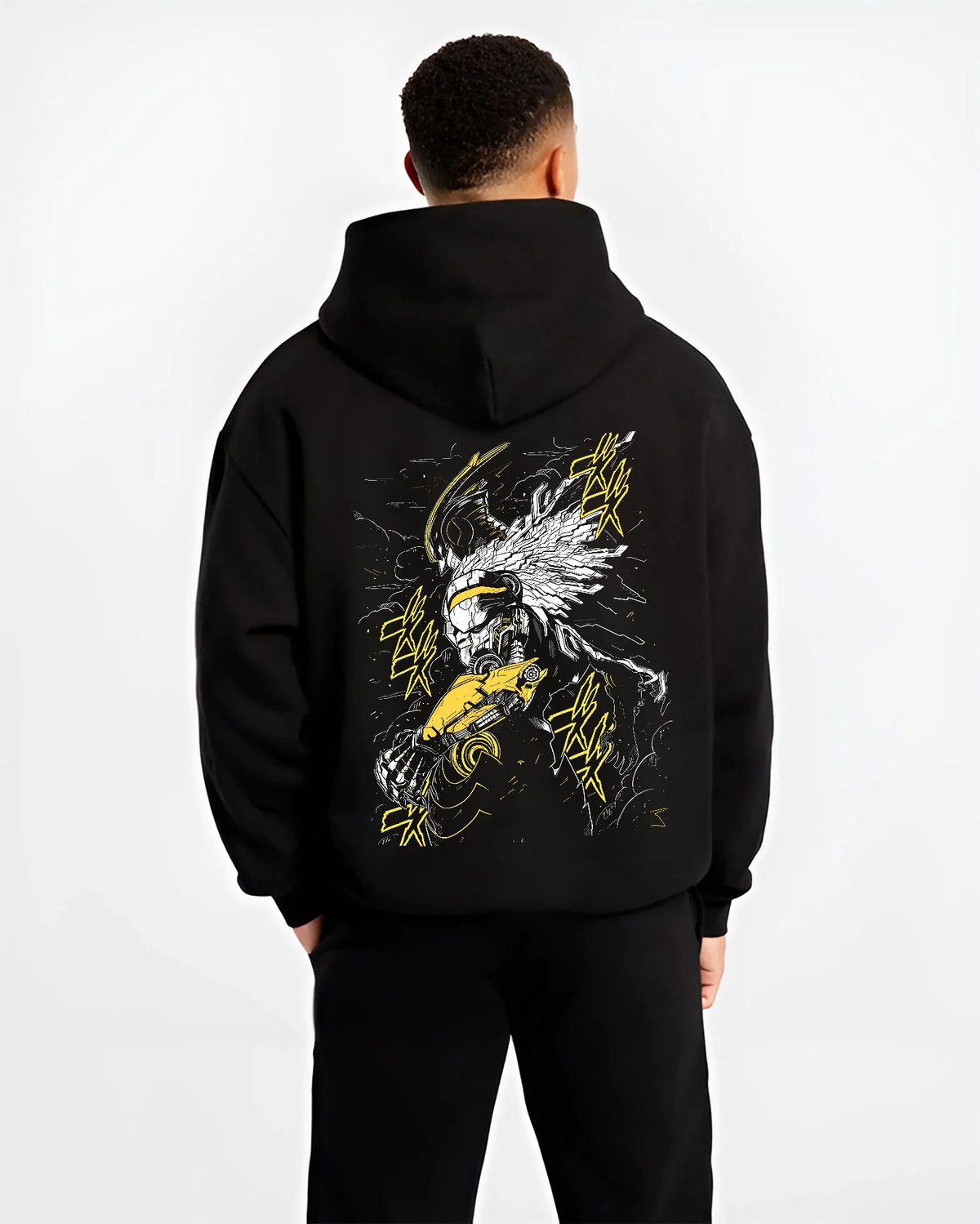 Black hoodie model back view showing All Might from My Hero Academia: stylised heroic armour